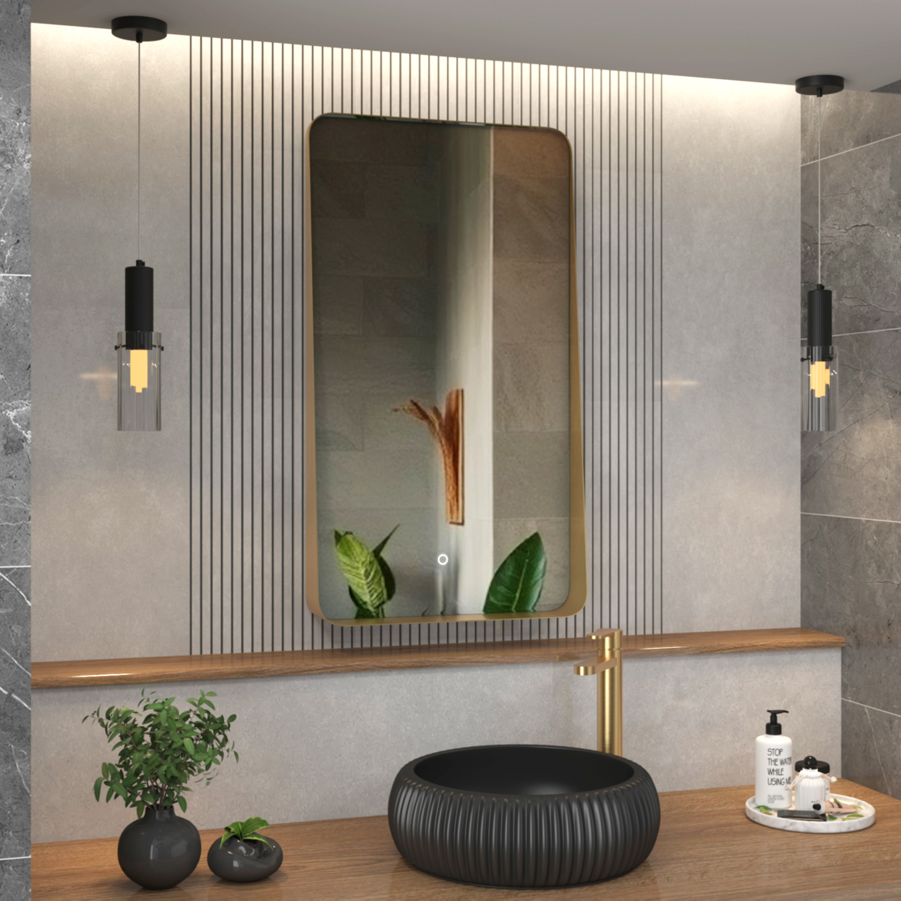 Verona 900 x 500mm Brushed Brass Backlit LED Illuminated Framed Mirror with Demister Pad & Touch Sensor 
