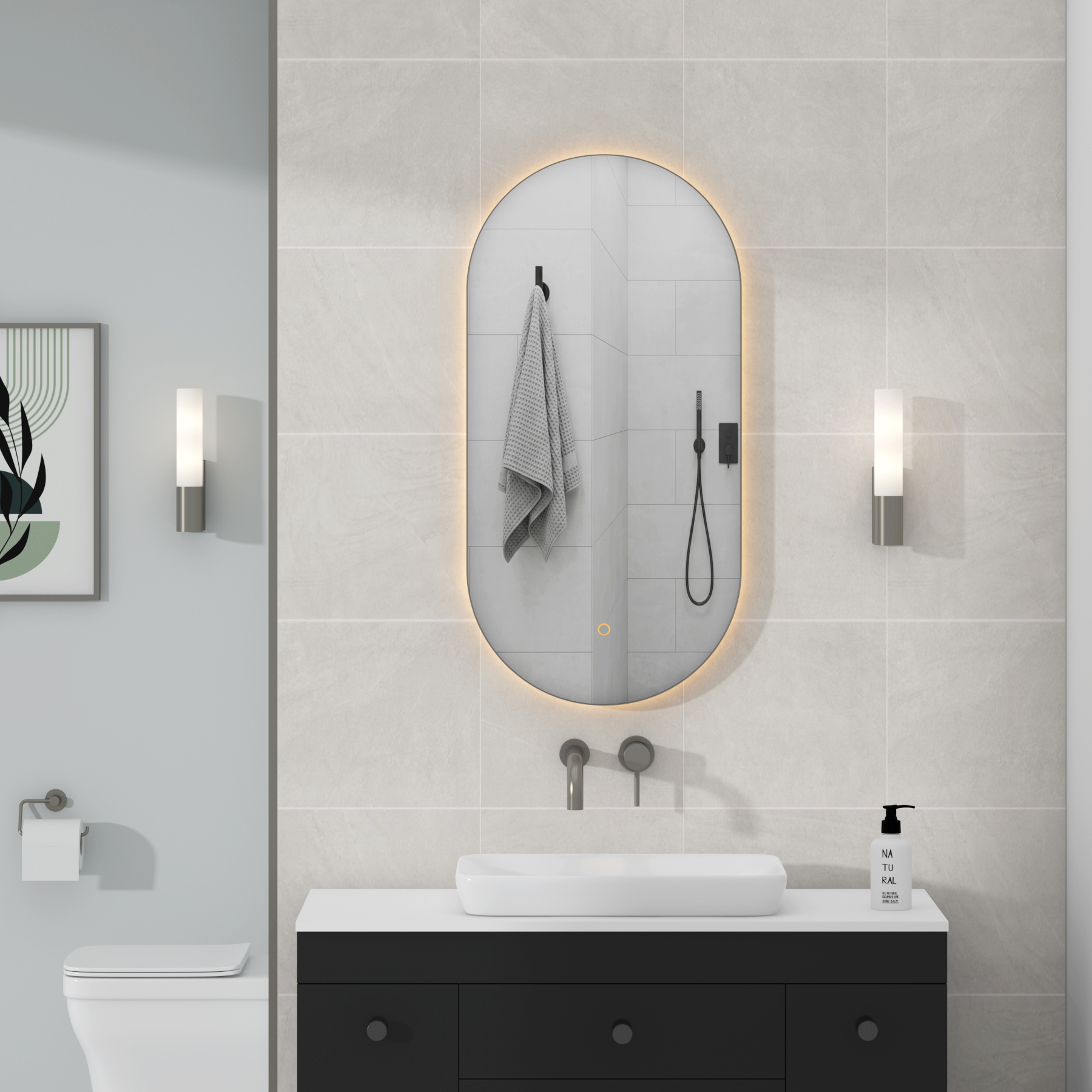 Luton 450 x 900mm Backlit LED Illuminated Framed Capsule Mirror with Demister Pad & Touch Sensor - Multiple Colours