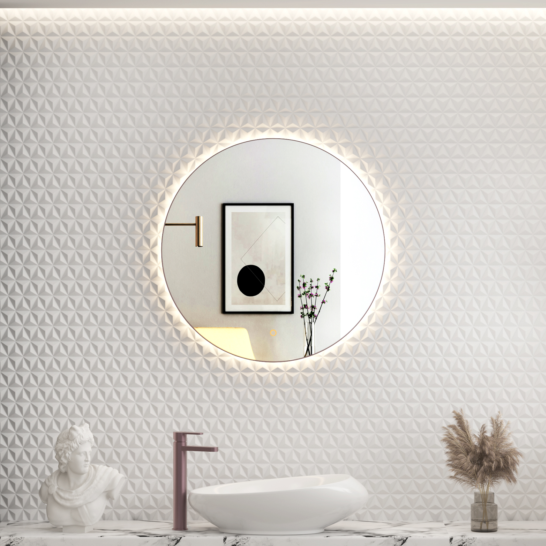 Luton 600 x 600mm Brushed Bronze Round Backlit LED Illuminated Bathroom Mirror Framed with Touch Sensor