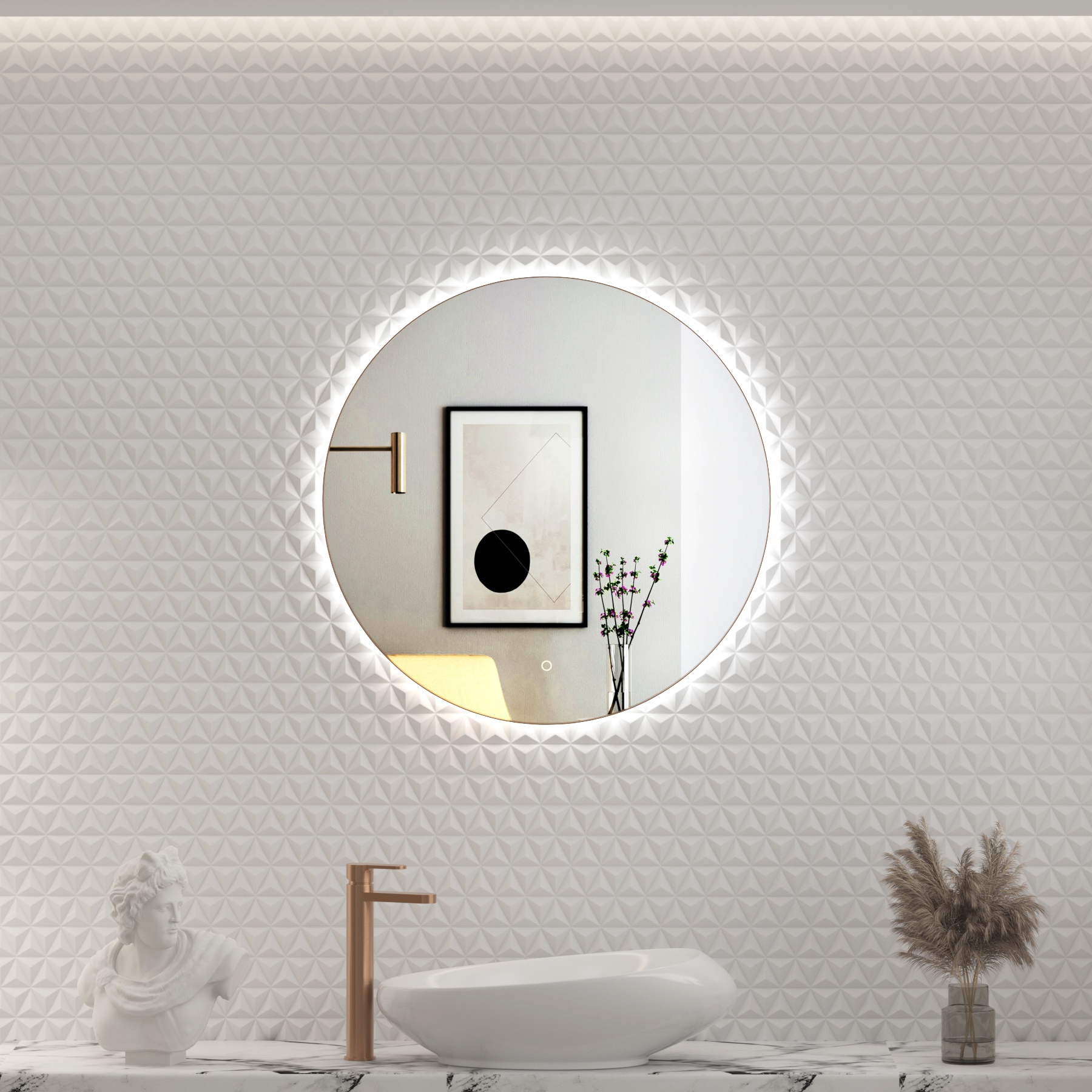 Luton 600 x 600mm Brushed Bronze Round Backlit LED Illuminated Bathroom Mirror Framed with Touch Sensor