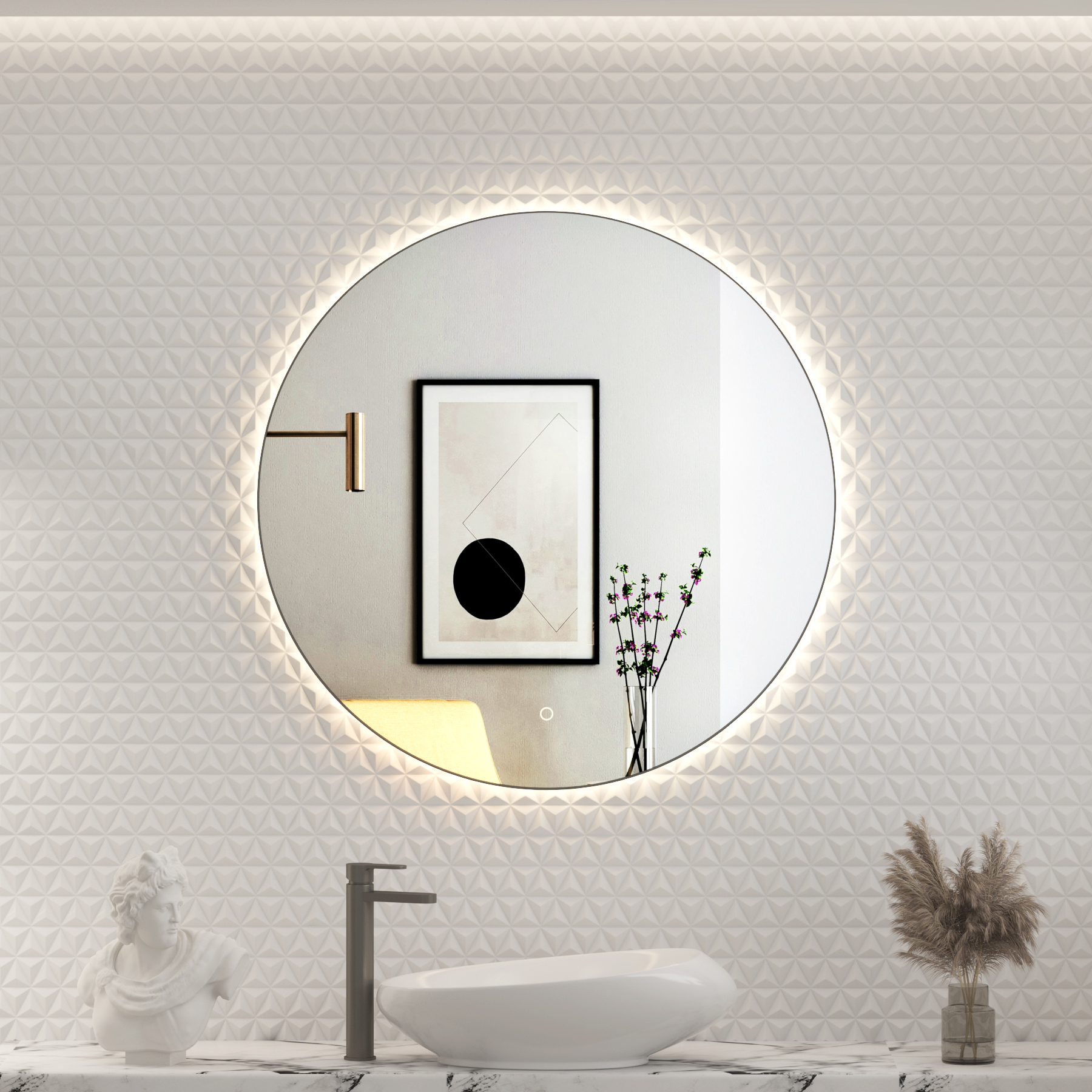 Luton 800 x 800mm Gun Metal Grey Round Backlit LED Illuminated Bathroom Mirror Framed with Touch Sensor
