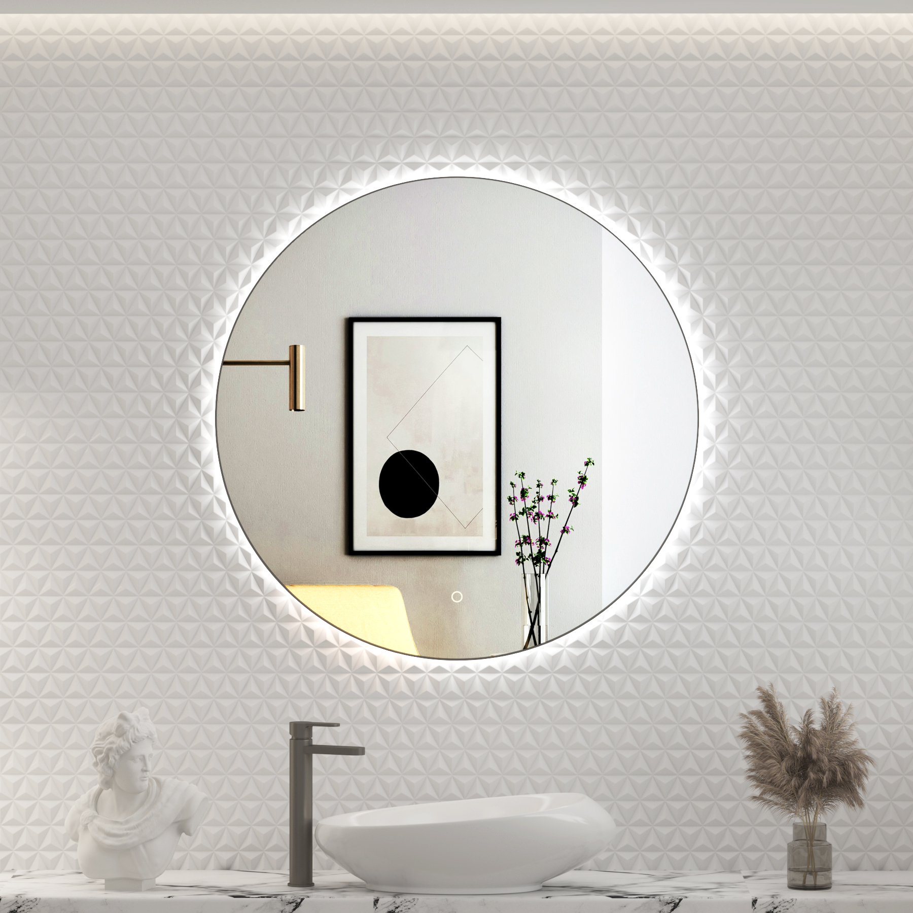 Luton 800 x 800mm Gun Metal Grey Round Backlit LED Illuminated Bathroom Mirror Framed with Touch Sensor