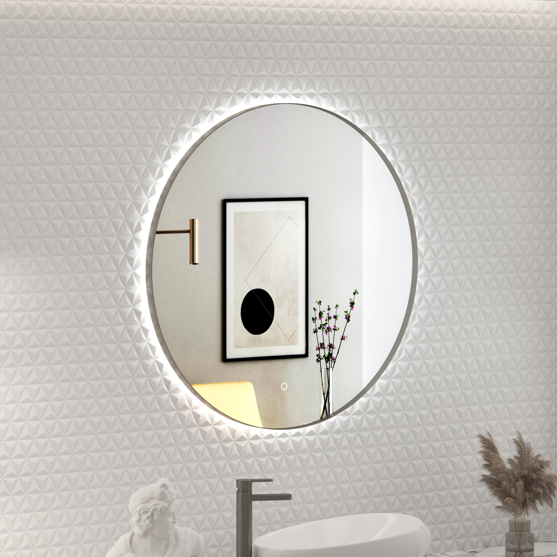 Luton 800 x 800mm Gun Metal Grey Round Backlit LED Illuminated Bathroom Mirror Framed with Touch Sensor