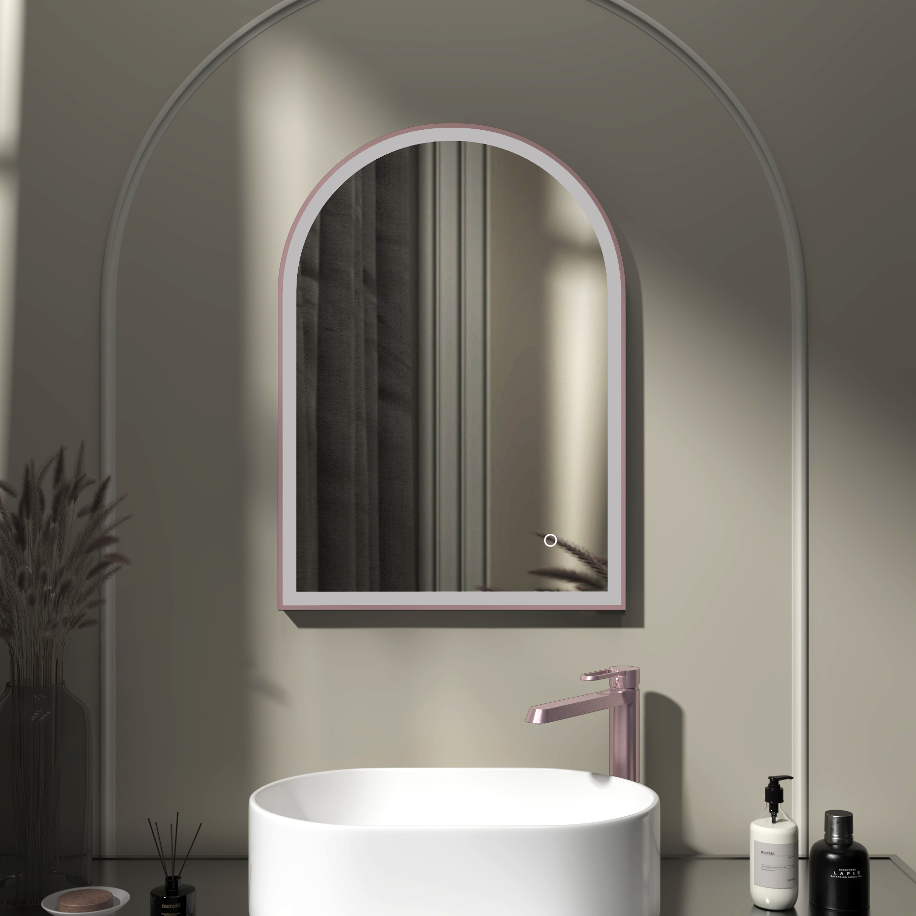 Venice 500 x 700mm Brushed Bronze Frontlit Arched Framed LED Illuminated Bathroom Mirror with Touch Sensor