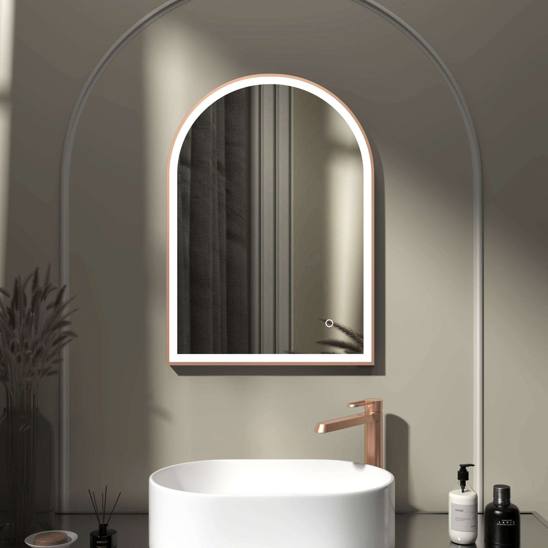 Venice 500 x 700mm Brushed Bronze Frontlit Arched Framed LED Illuminated Bathroom Mirror with Touch Sensor