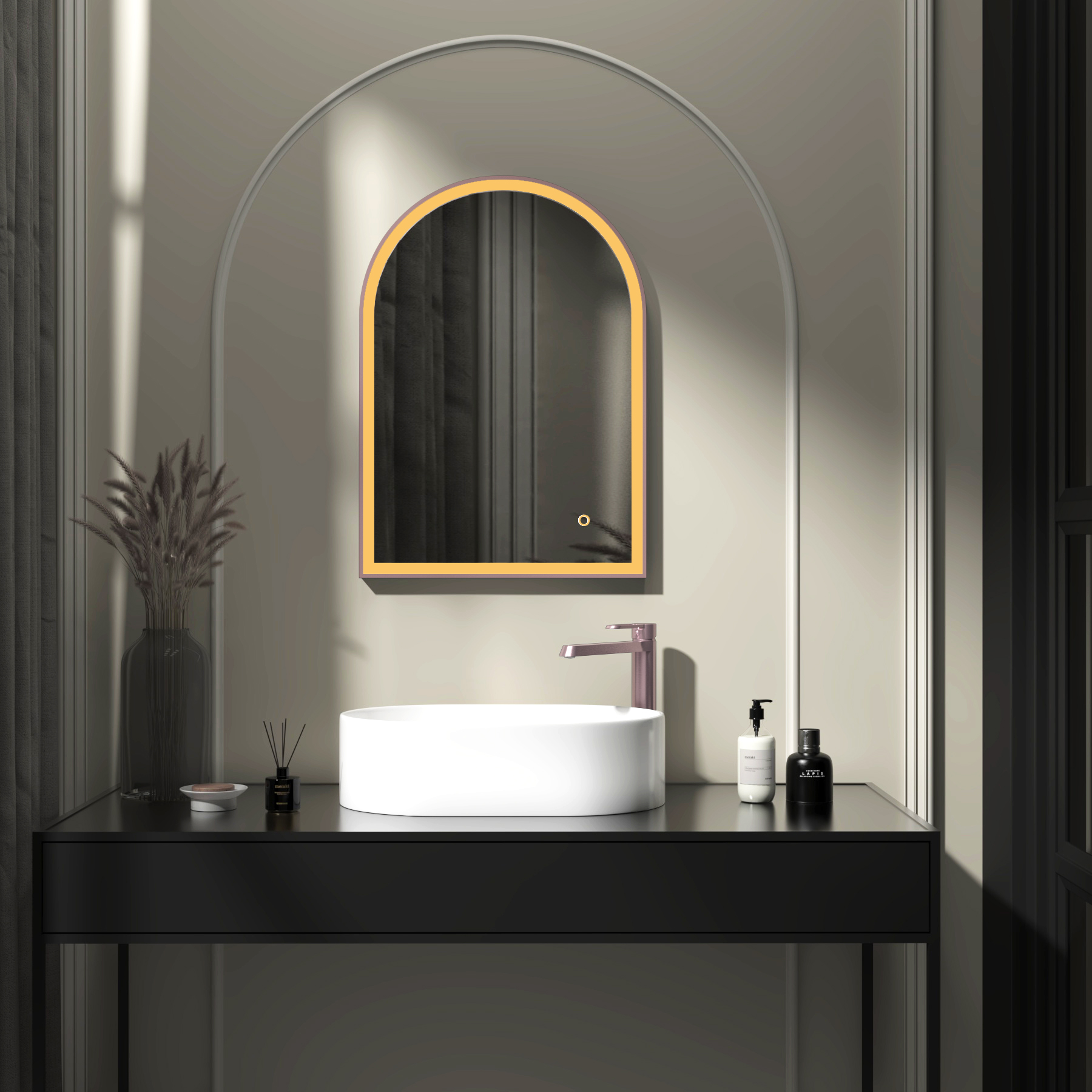 Venice 500 x 700mm Brushed Bronze Frontlit Arched Framed LED Illuminated Bathroom Mirror with Touch Sensor