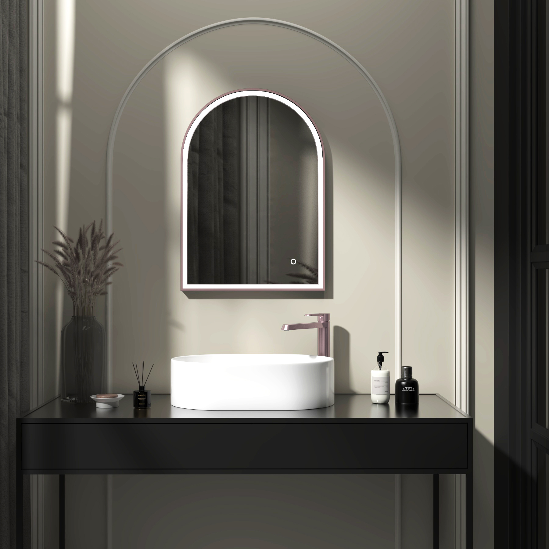 Venice 500 x 700mm Brushed Bronze Frontlit Arched Framed LED Illuminated Bathroom Mirror with Touch Sensor