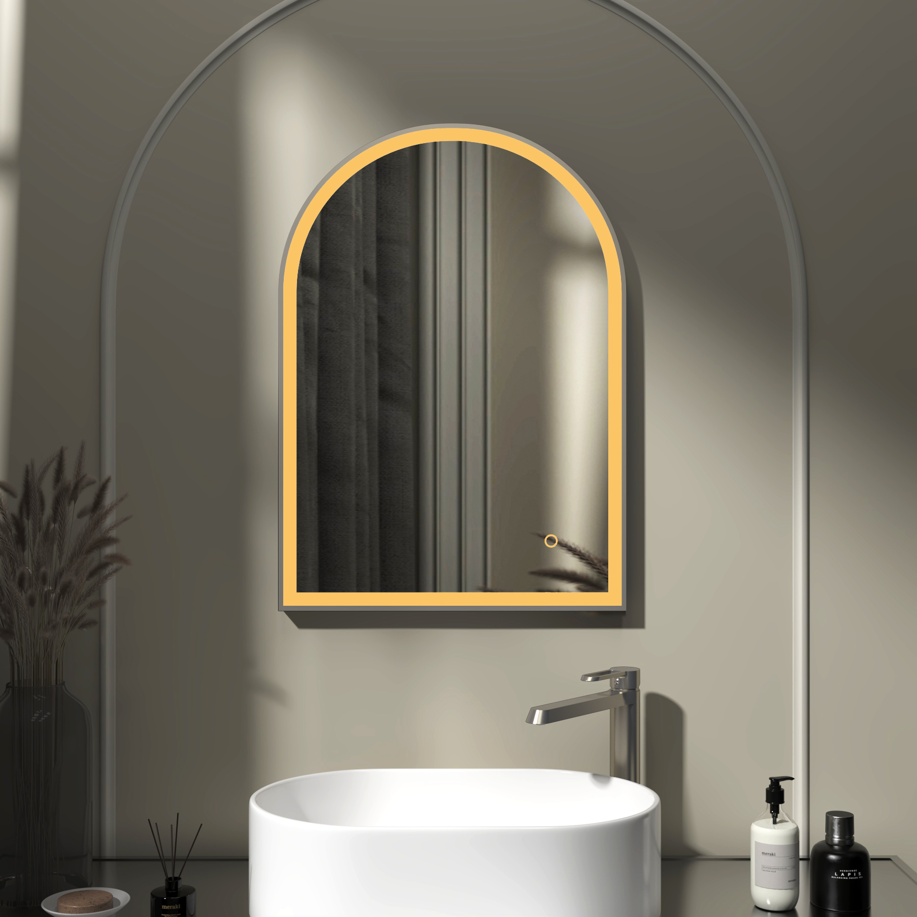 Venice 500 x 700mm Gun Metal Grey Frontlit Arched Framed LED Illuminated Bathroom Mirror with Touch Sensor