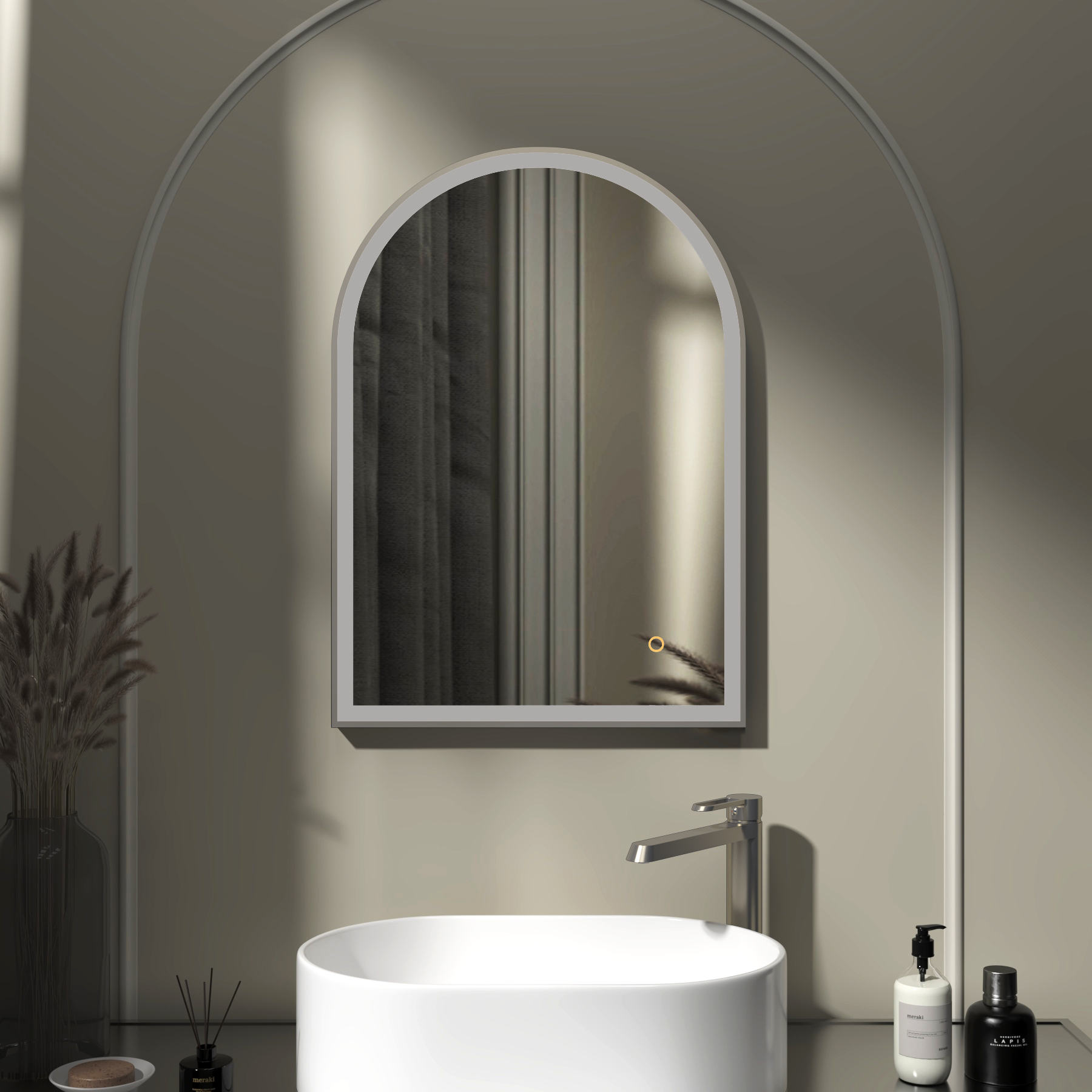 Venice 500 x 700mm Gun Metal Grey Frontlit Arched Framed LED Illuminated Bathroom Mirror with Touch Sensor