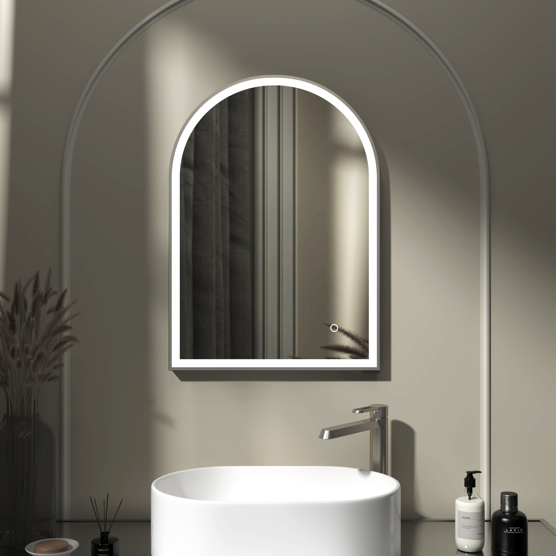 Venice 500 x 700mm Gun Metal Grey Frontlit Arched Framed LED Illuminated Bathroom Mirror with Touch Sensor