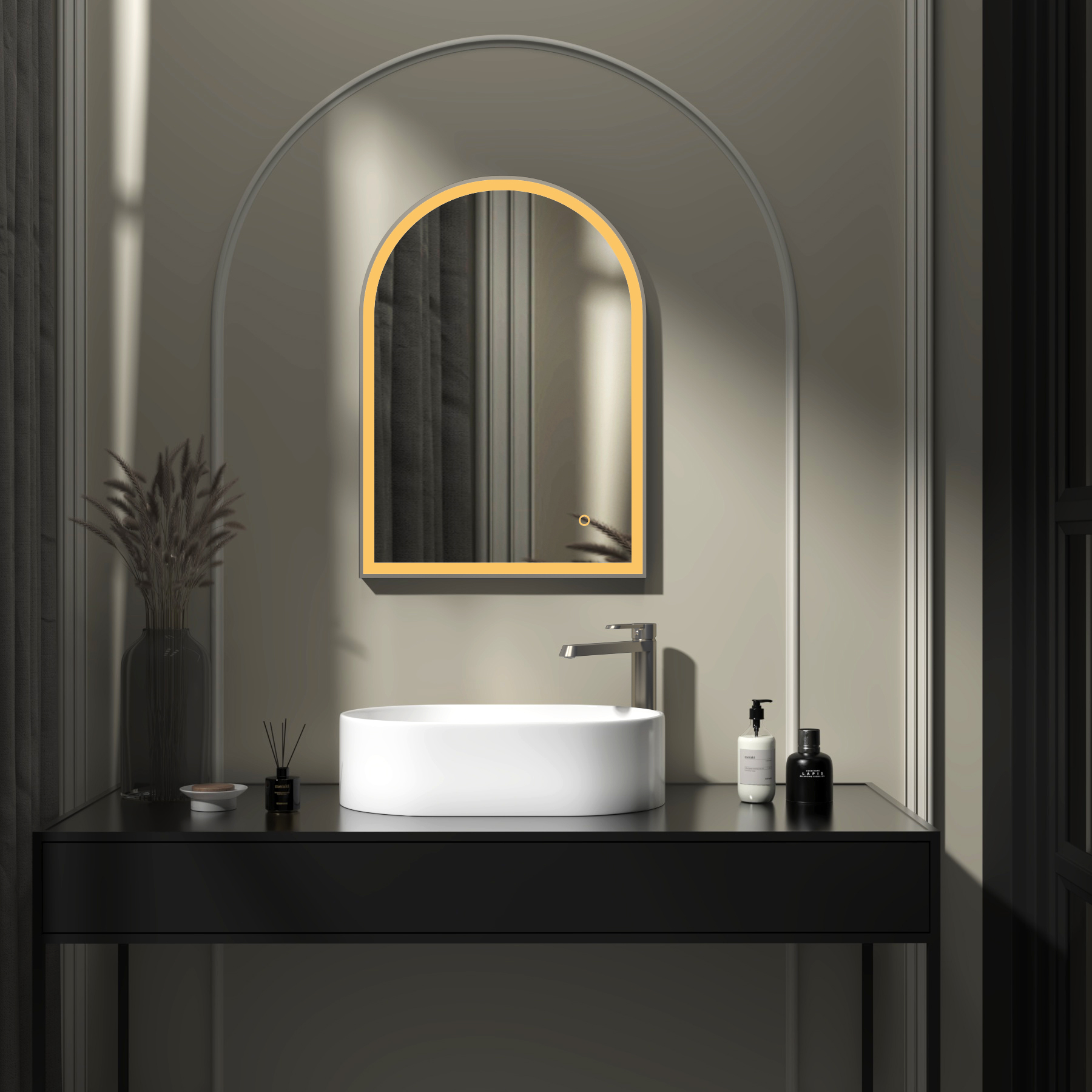 Venice 500 x 700mm Gun Metal Grey Frontlit Arched Framed LED Illuminated Bathroom Mirror with Touch Sensor