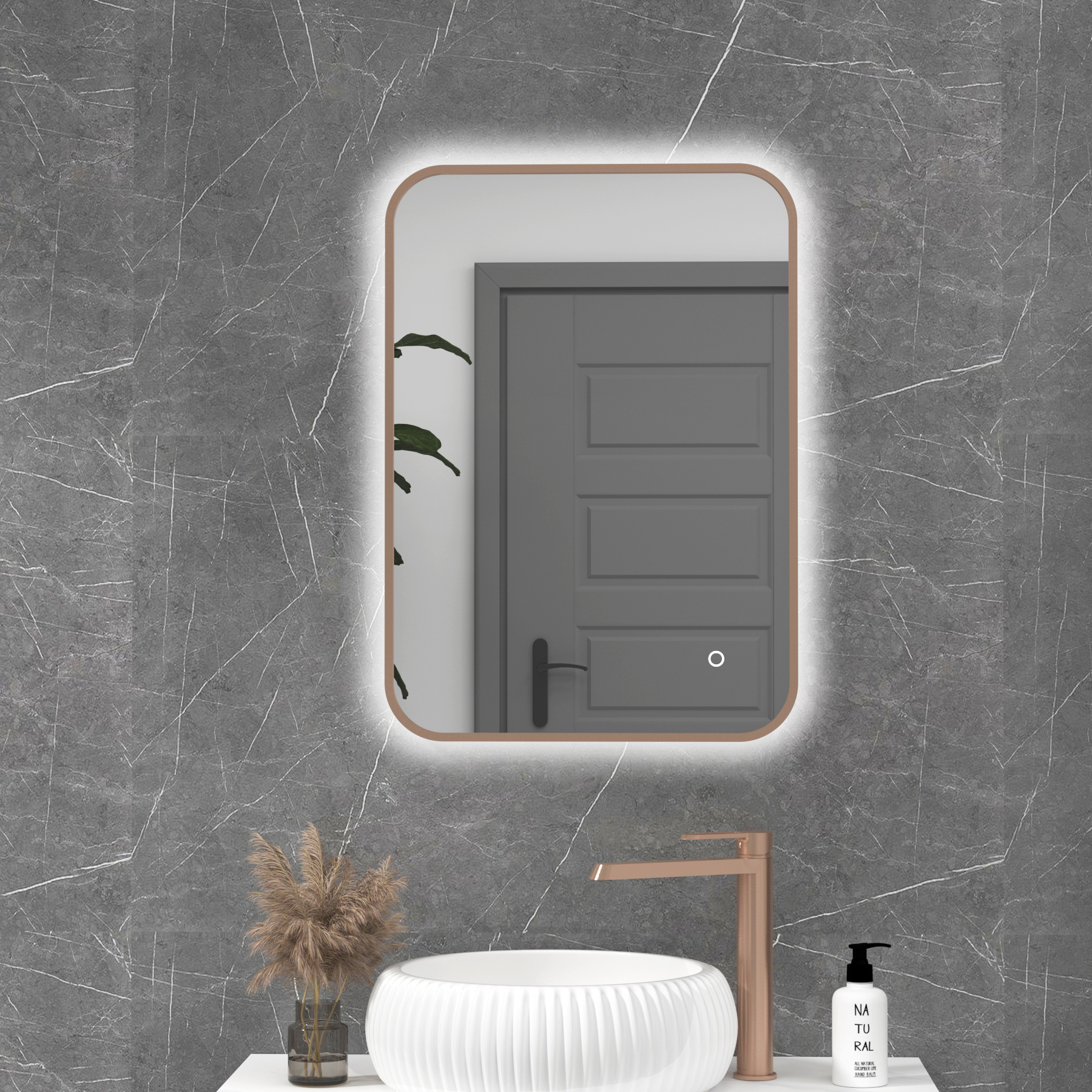 Luton 500 x 700mm Brushed Bronze Backlit Framed LED Illuminated Rectangular Bathroom Mirror with Touch Sensor & Anti-Fog