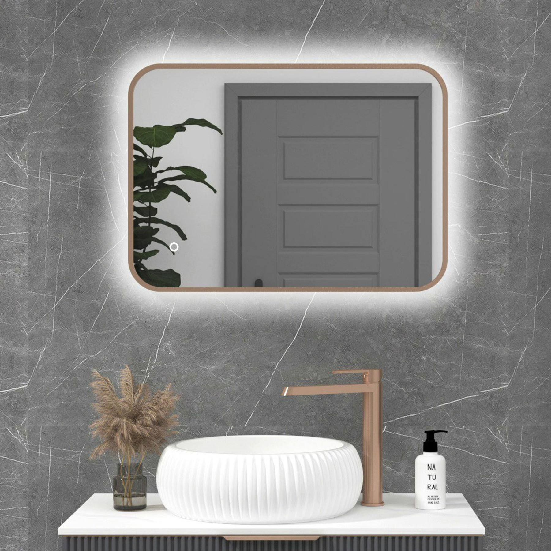 Luton 500 x 700mm Brushed Bronze Backlit LED Framed Illuminated Rectangular Bathroom Mirror with Touch Sensor & Anti-Fog