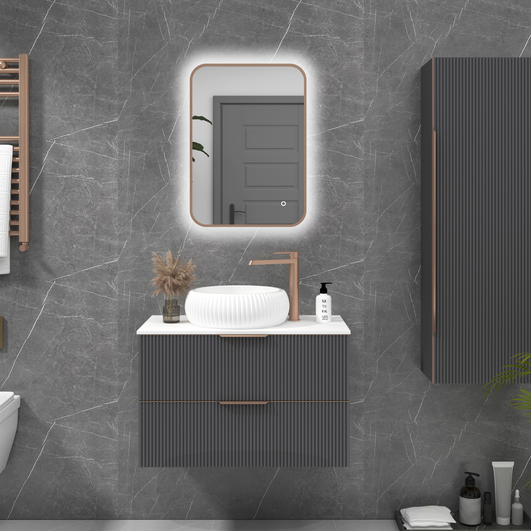 Luton 500 x 700mm Brushed Bronze Backlit Framed LED Illuminated Rectangular Bathroom Mirror with Touch Sensor & Anti-Fog
