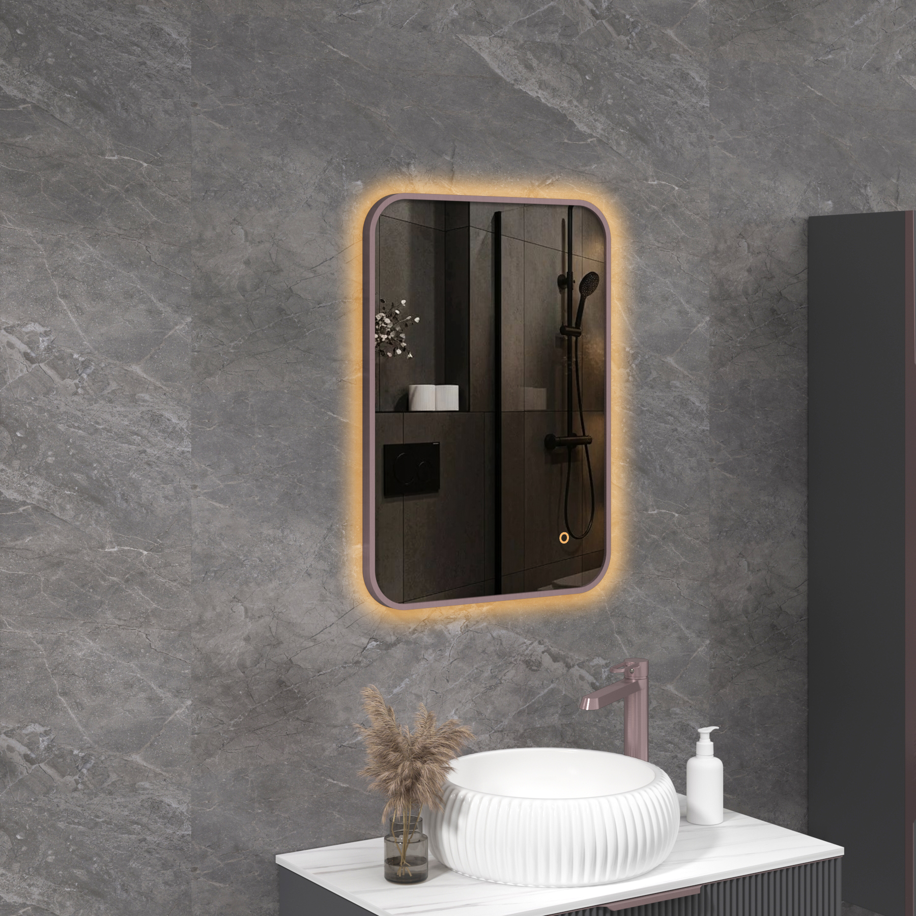 Luton 500 x 700mm Brushed Bronze Backlit Framed LED Illuminated Rectangular Bathroom Mirror with Touch Sensor & Anti-Fog