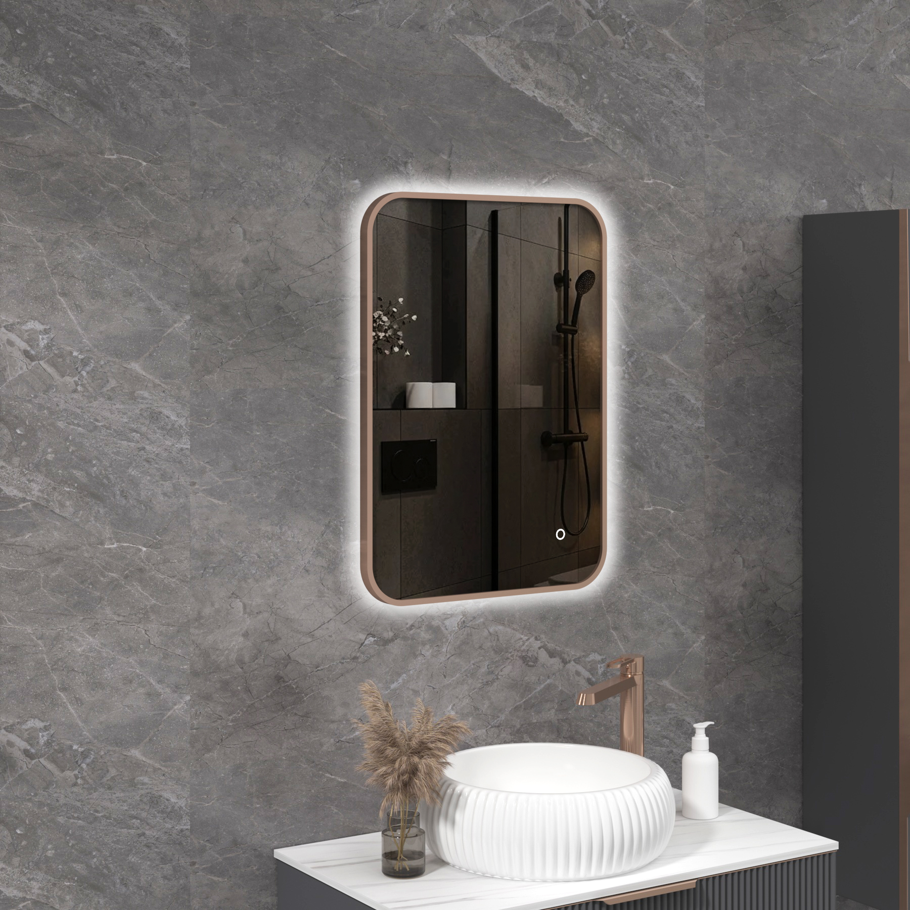Luton 500 x 700mm Brushed Bronze Backlit Framed LED Illuminated Rectangular Bathroom Mirror with Touch Sensor & Anti-Fog