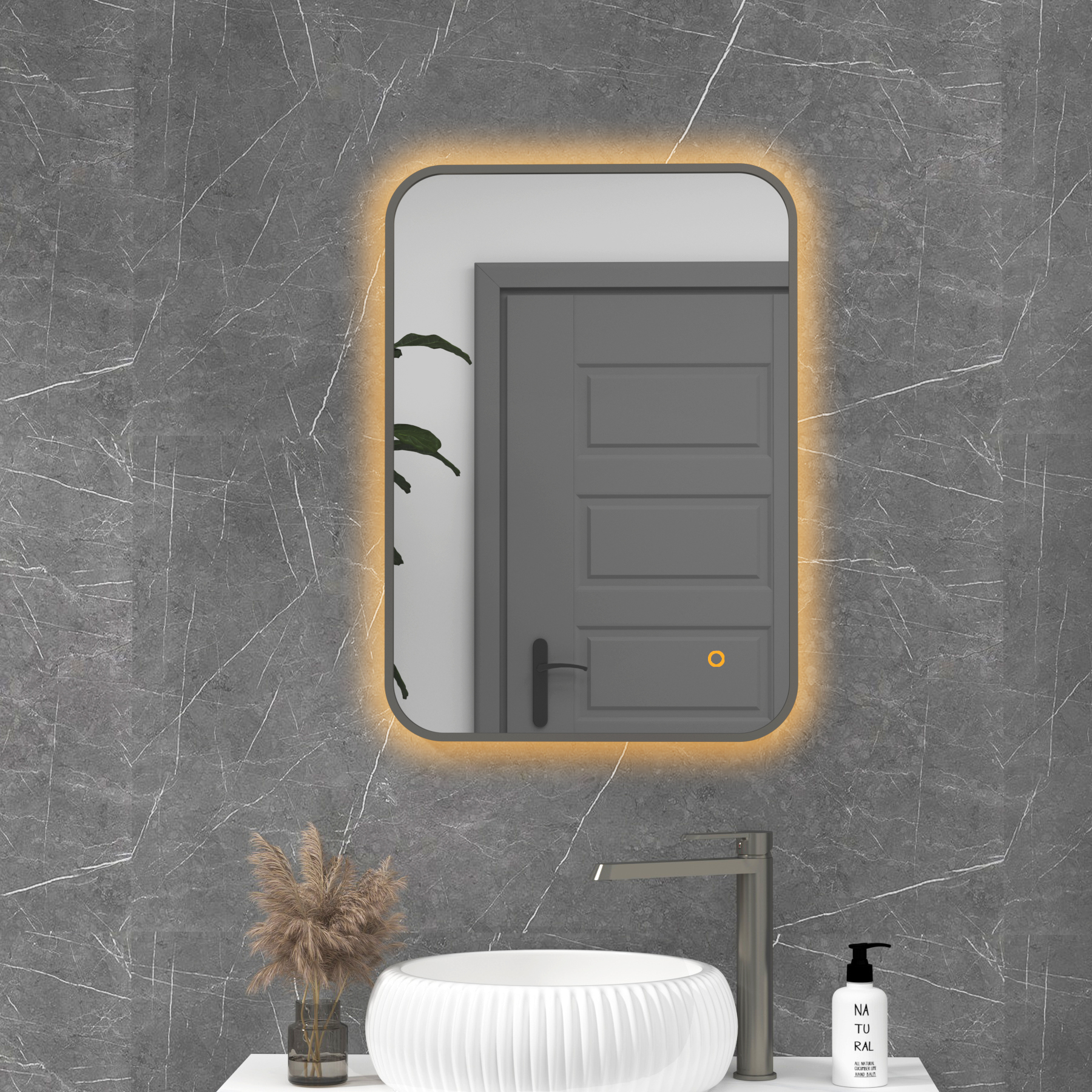 Luton 500 x 700mm Gun Metal Grey Backlit Framed LED Illuminated Rectangular Bathroom Mirror with Touch Sensor & Anti-Fog