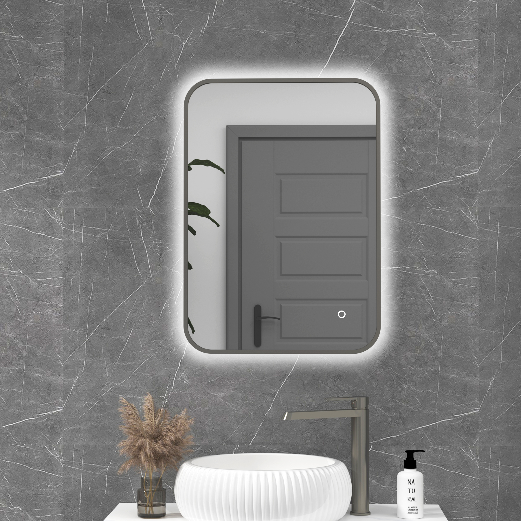 Luton 500 x 700mm Gun Metal Grey Backlit Framed LED Illuminated Rectangular Bathroom Mirror with Touch Sensor & Anti-Fog