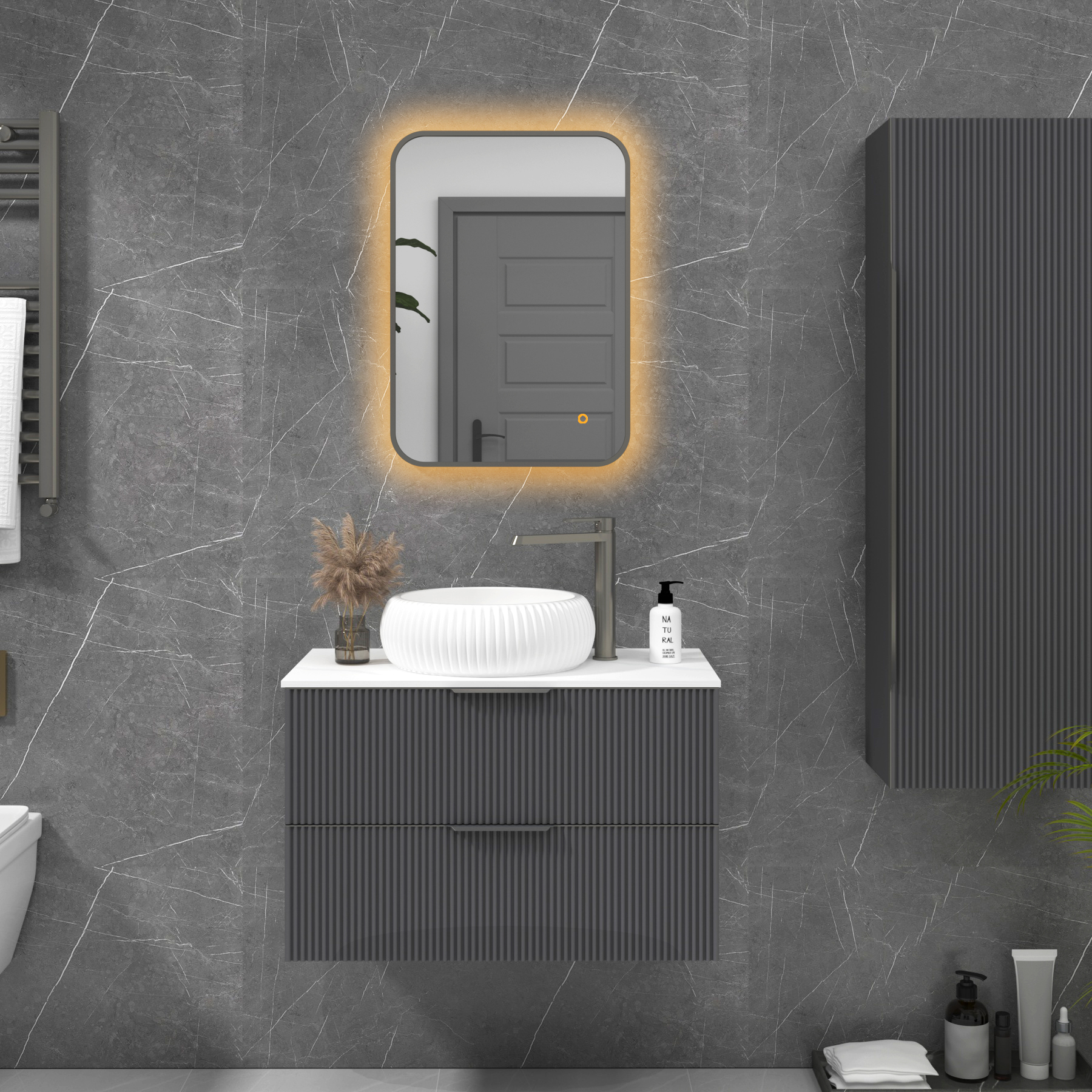 Luton 500 x 700mm Gun Metal Grey Backlit Framed LED Illuminated Rectangular Bathroom Mirror with Touch Sensor & Anti-Fog
