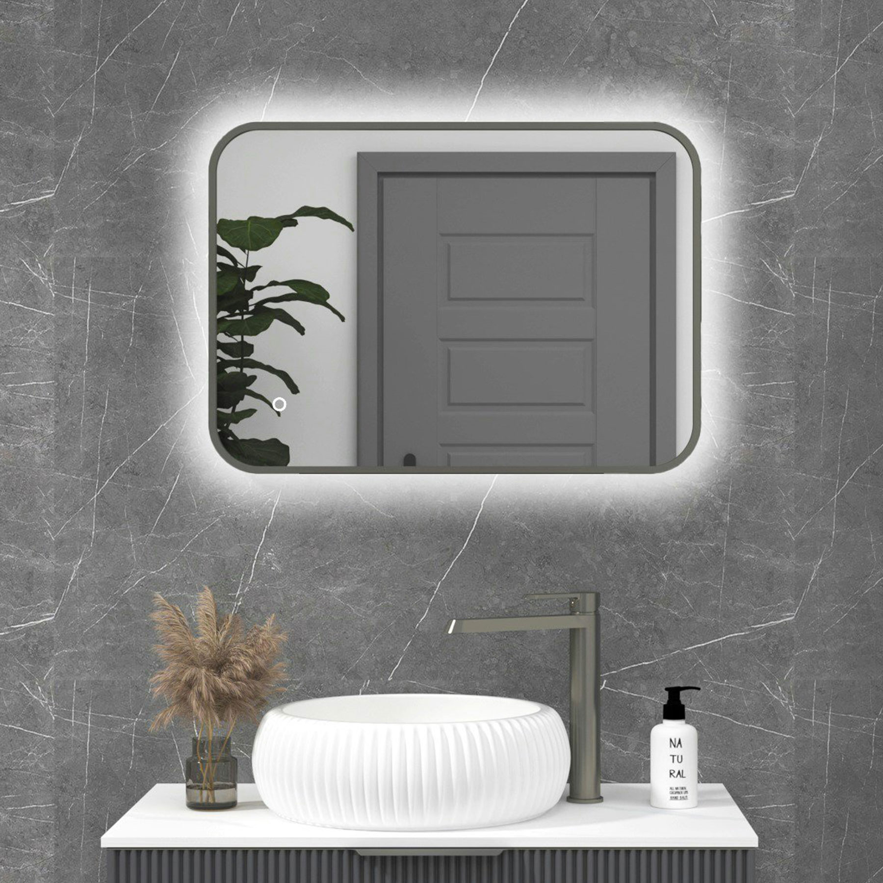 Luton 500 x 700mm Gun Metal Backlit LED Framed Illuminated Rectangular Bathroom Mirror with Touch Sensor & Anti-Fog