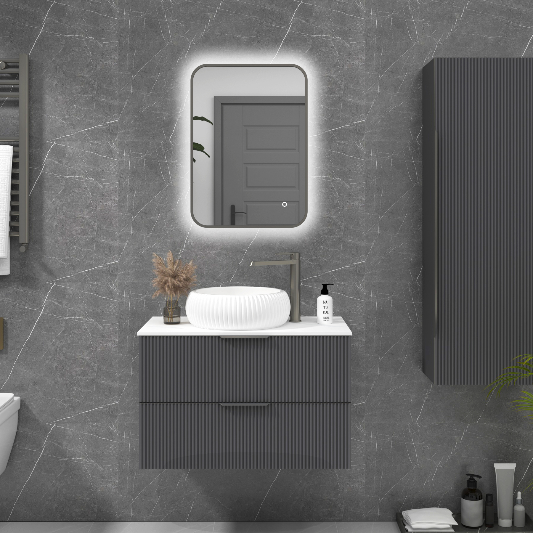 Luton 500 x 700mm Gun Metal Grey Backlit Framed LED Illuminated Rectangular Bathroom Mirror with Touch Sensor & Anti-Fog