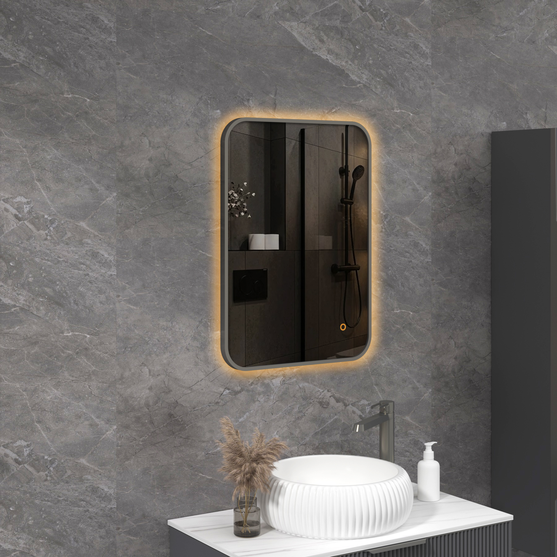 Luton 500 x 700mm Gun Metal Grey Backlit Framed LED Illuminated Rectangular Bathroom Mirror with Touch Sensor & Anti-Fog