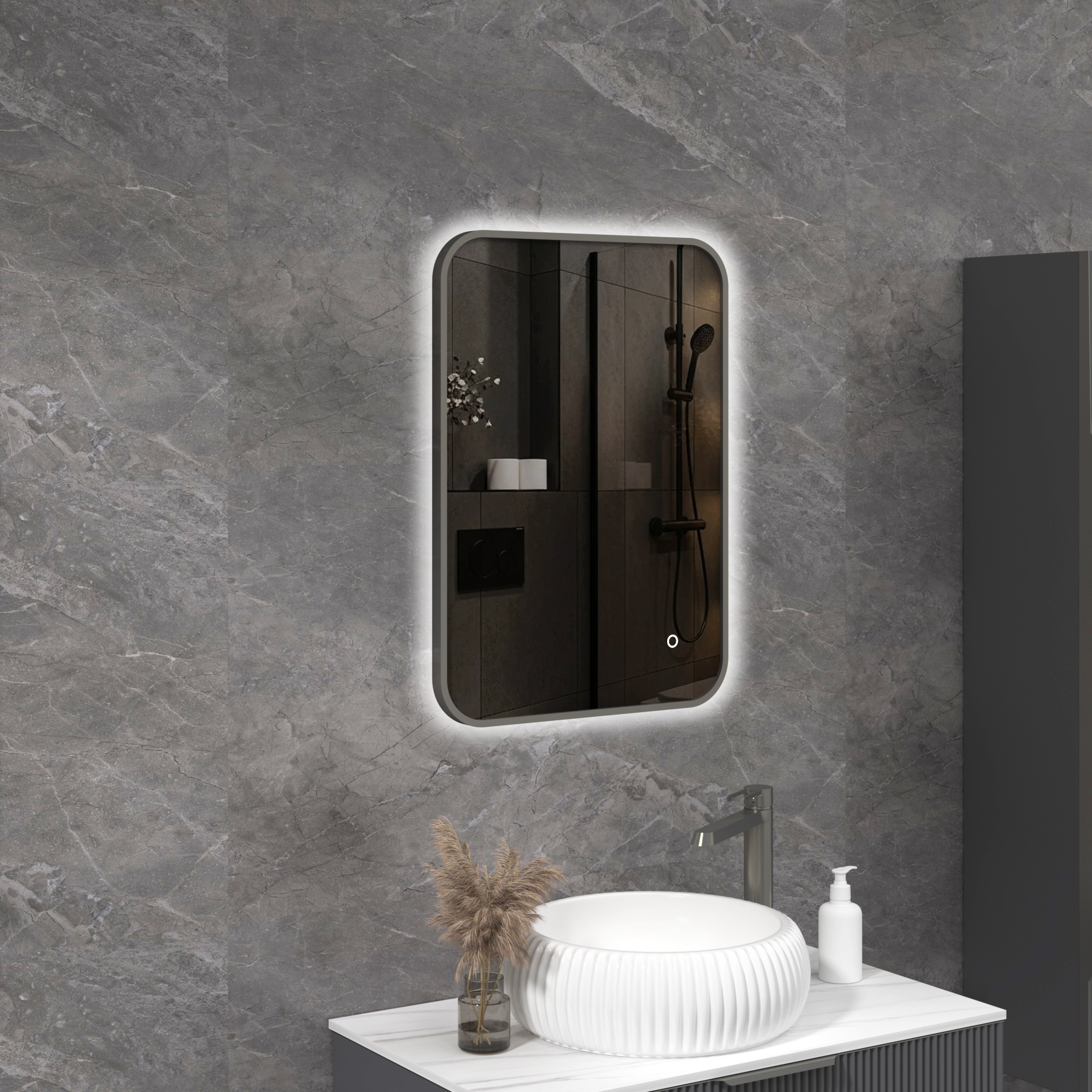 Luton 500 x 700mm Gun Metal Grey Backlit Framed LED Illuminated Rectangular Bathroom Mirror with Touch Sensor & Anti-Fog