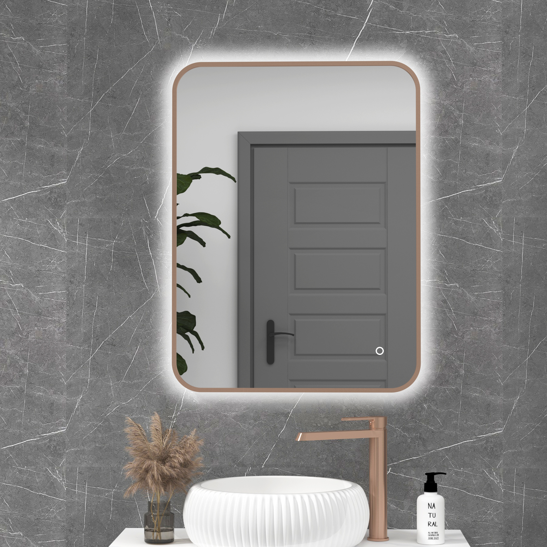 Luton 600 x 800mm Brushed Bronze Backlit Framed LED Illuminated Rectangular Bathroom Mirror with Touch Sensor & Anti-Fog