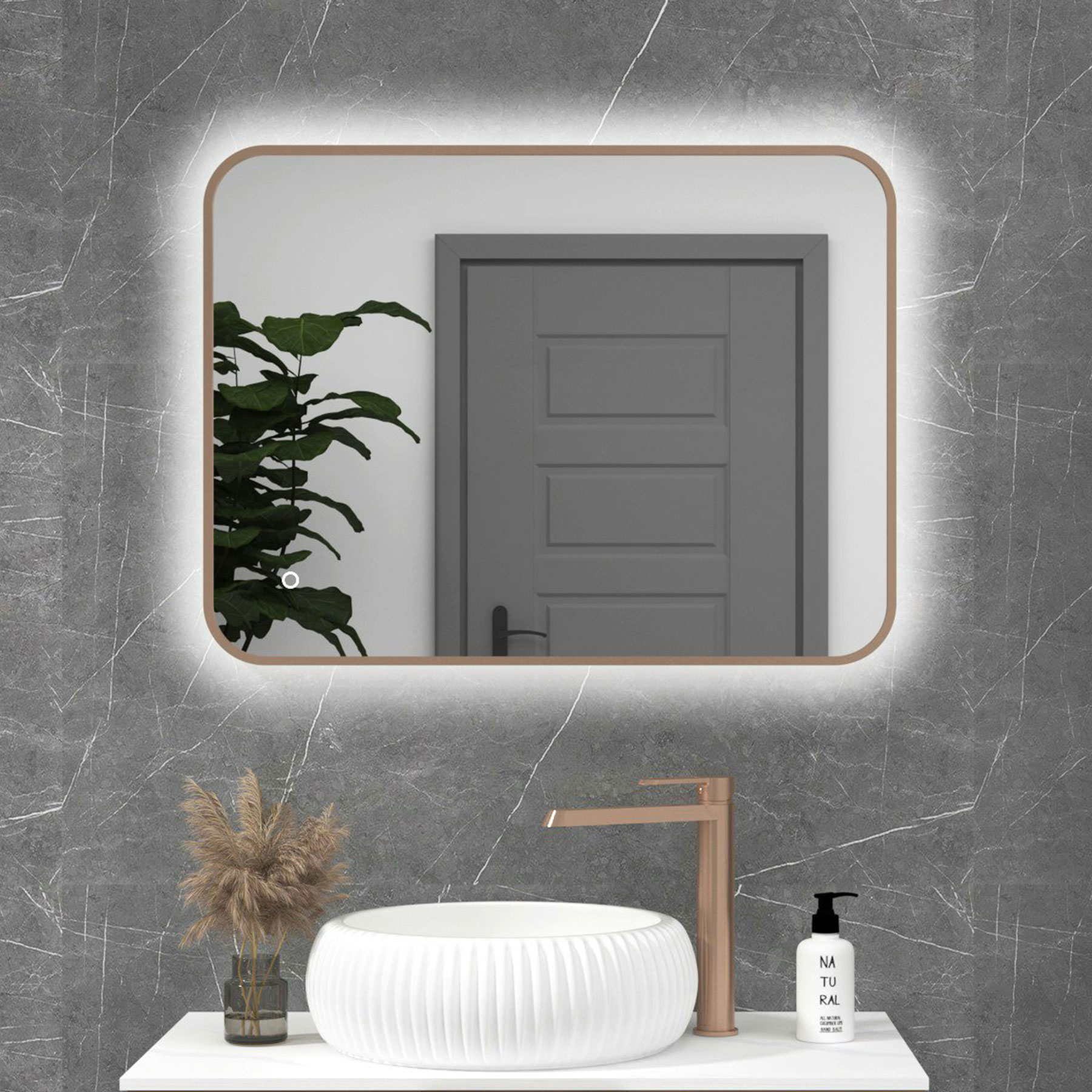Luton 600 x 800mm Brushed Bronze Backlit LED Framed Illuminated Rectangular Bathroom Mirror with Touch Sensor & Anti-Fog