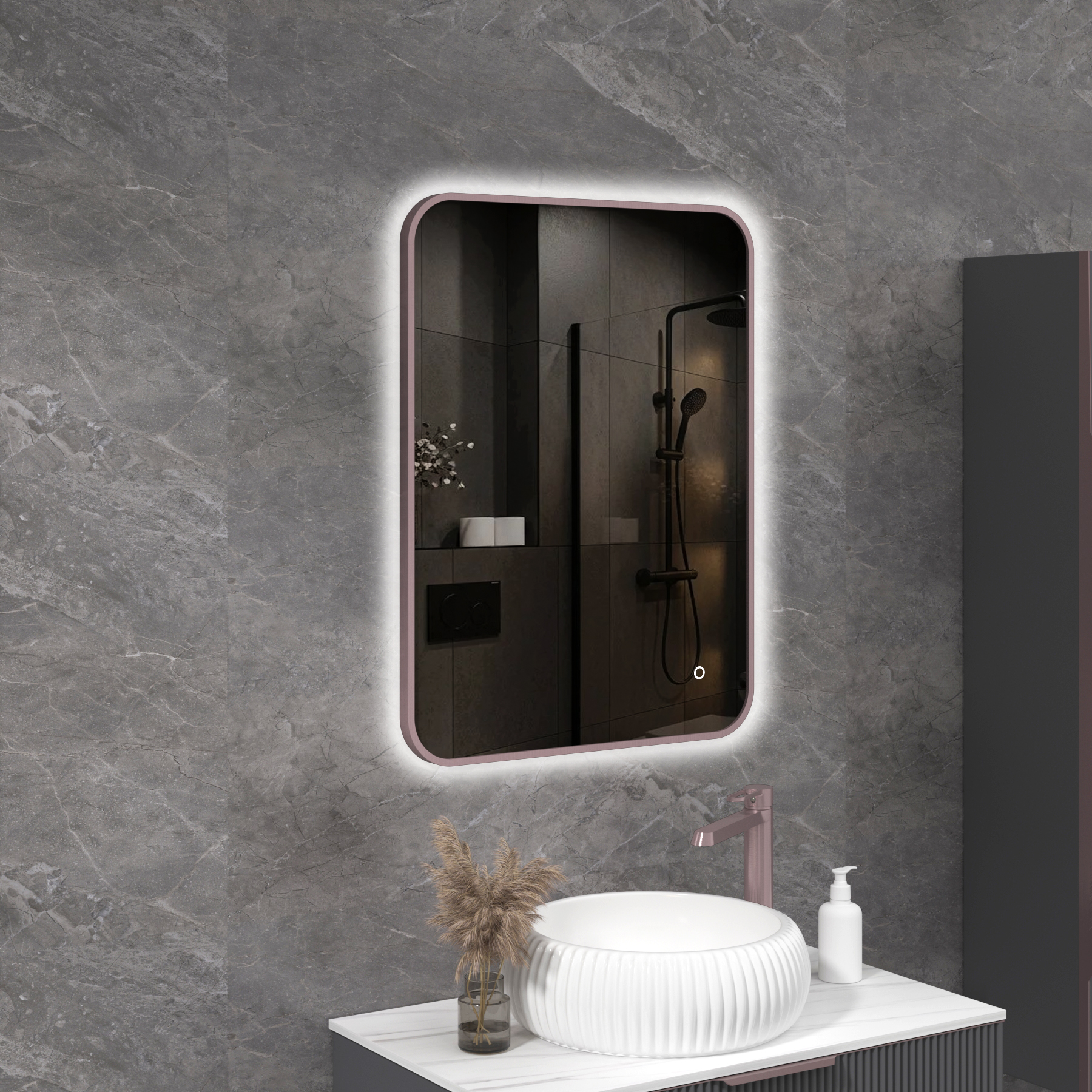 Luton 600 x 800mm Brushed Bronze Backlit LED Framed Illuminated Rectangular Bathroom Mirror with Touch Sensor & Anti-Fog