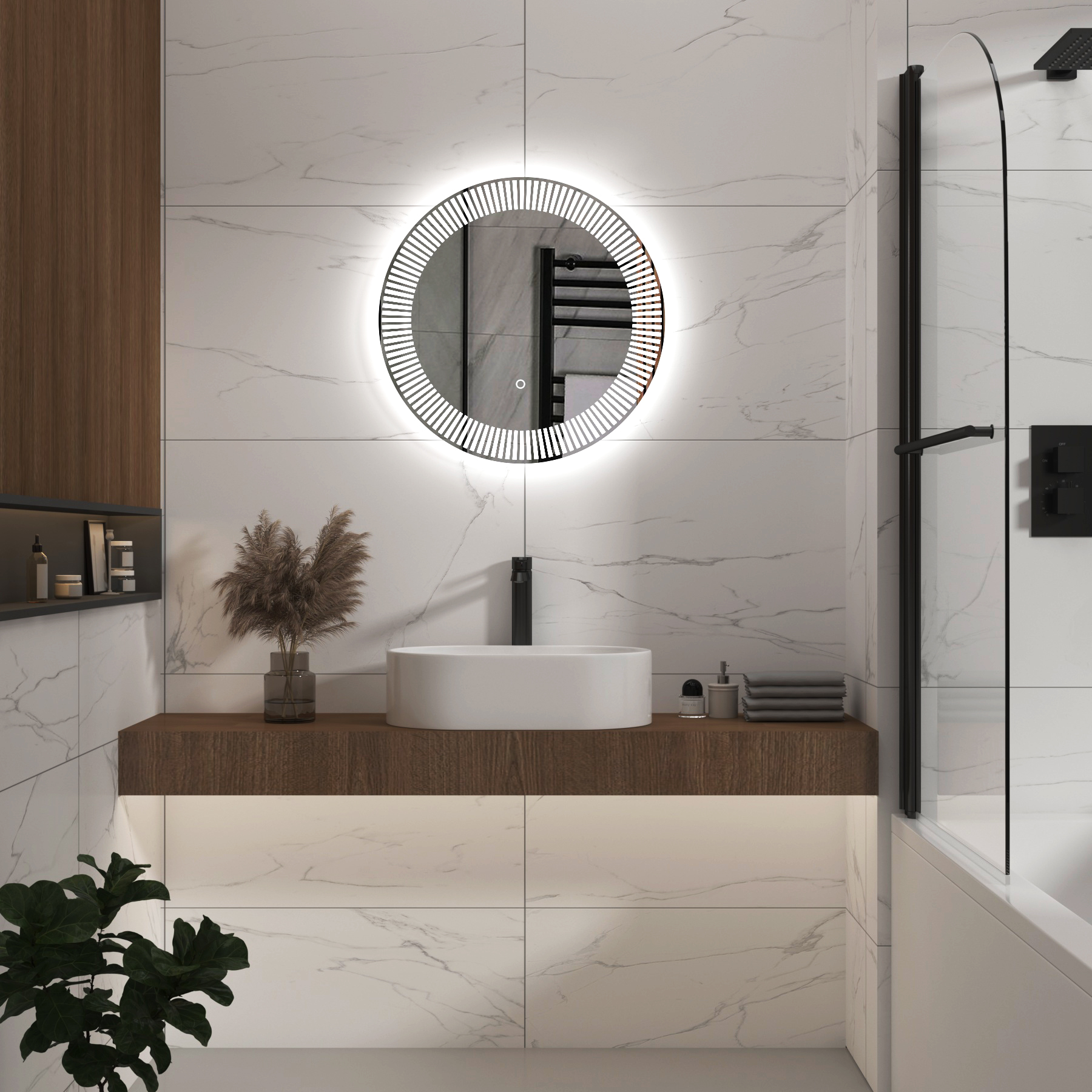 Tokyo 600 x 600mm Backlit LED Illuminated Frameless Round Mirror with Demister Pad & Touch Sensor
