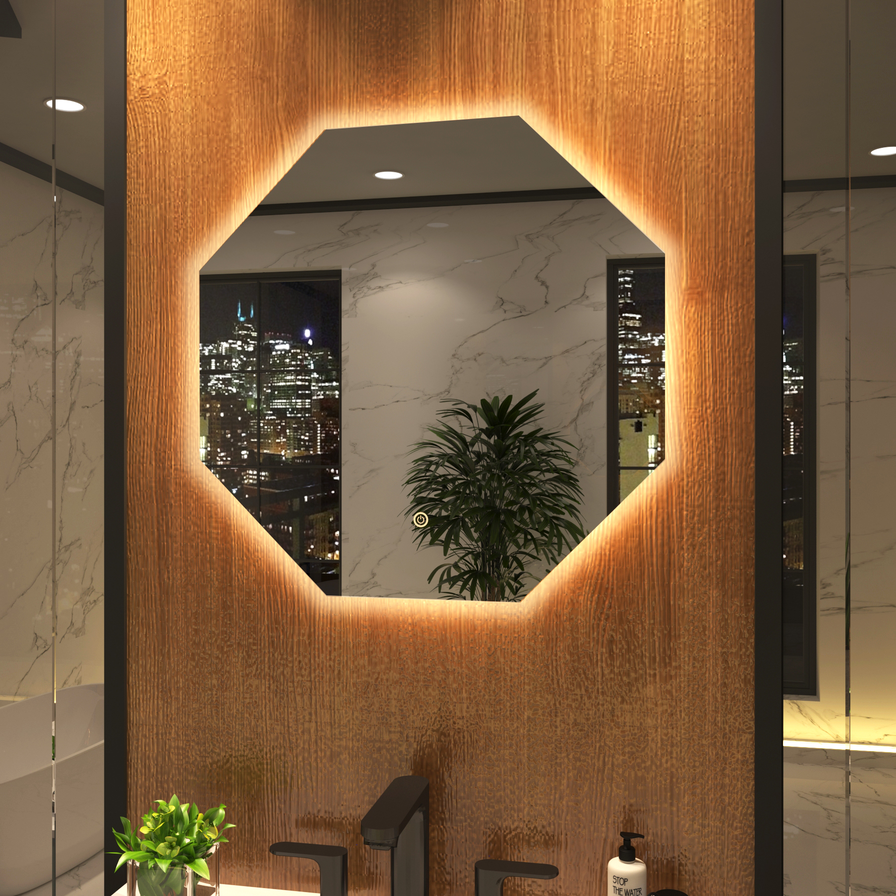 Nova 600 x 600mm Backlit LED Illuminated Frameless Octagon Mirror with Demister Pad & Touch Sensor