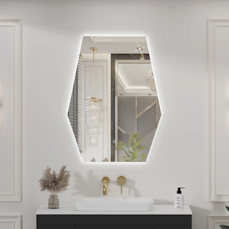 Elva 600 x 800mm Backlit LED Illuminated Frameless Hexagon Mirror with Demister Pad & Touch Sensor