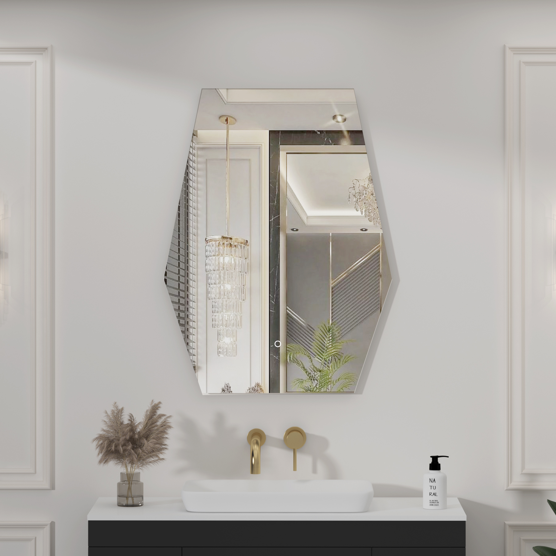 Elva 600 x 800mm Backlit LED Illuminated Frameless Hexagon Mirror with Demister Pad & Touch Sensor