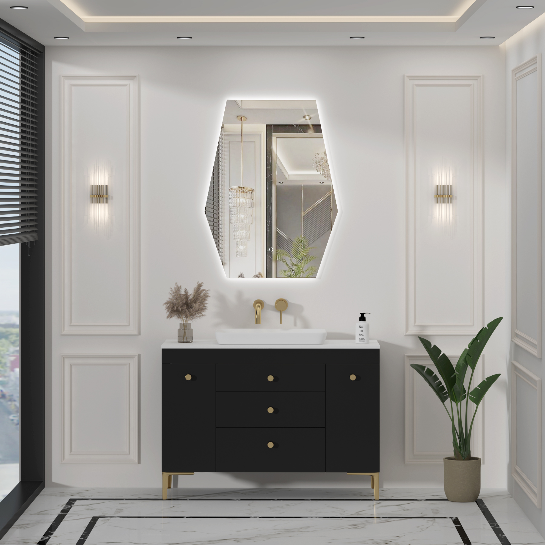 Elva 600 x 800mm Backlit LED Illuminated Frameless Hexagon Mirror with Demister Pad & Touch Sensor