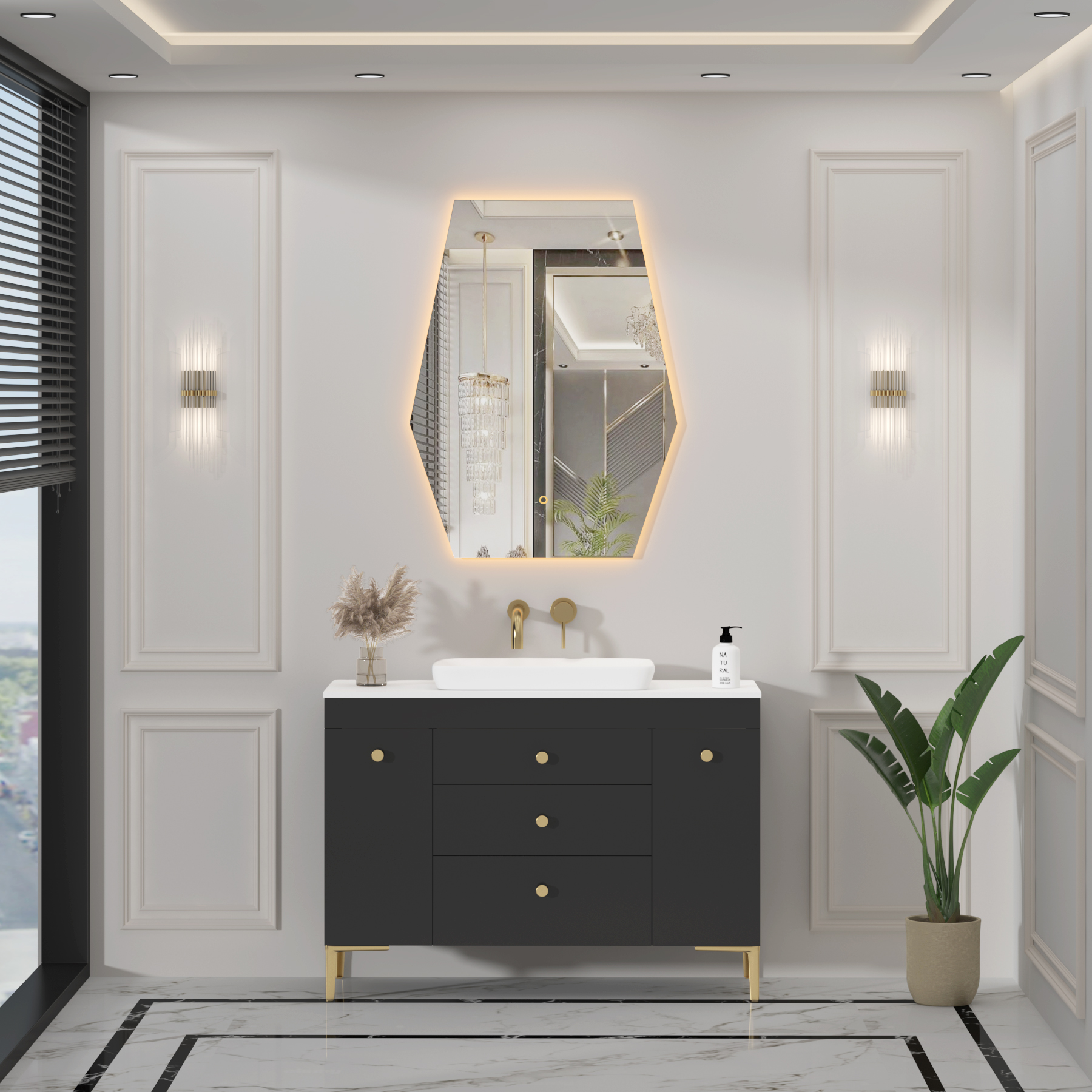 Elva 600 x 800mm Backlit LED Illuminated Frameless Hexagon Mirror with Demister Pad & Touch Sensor