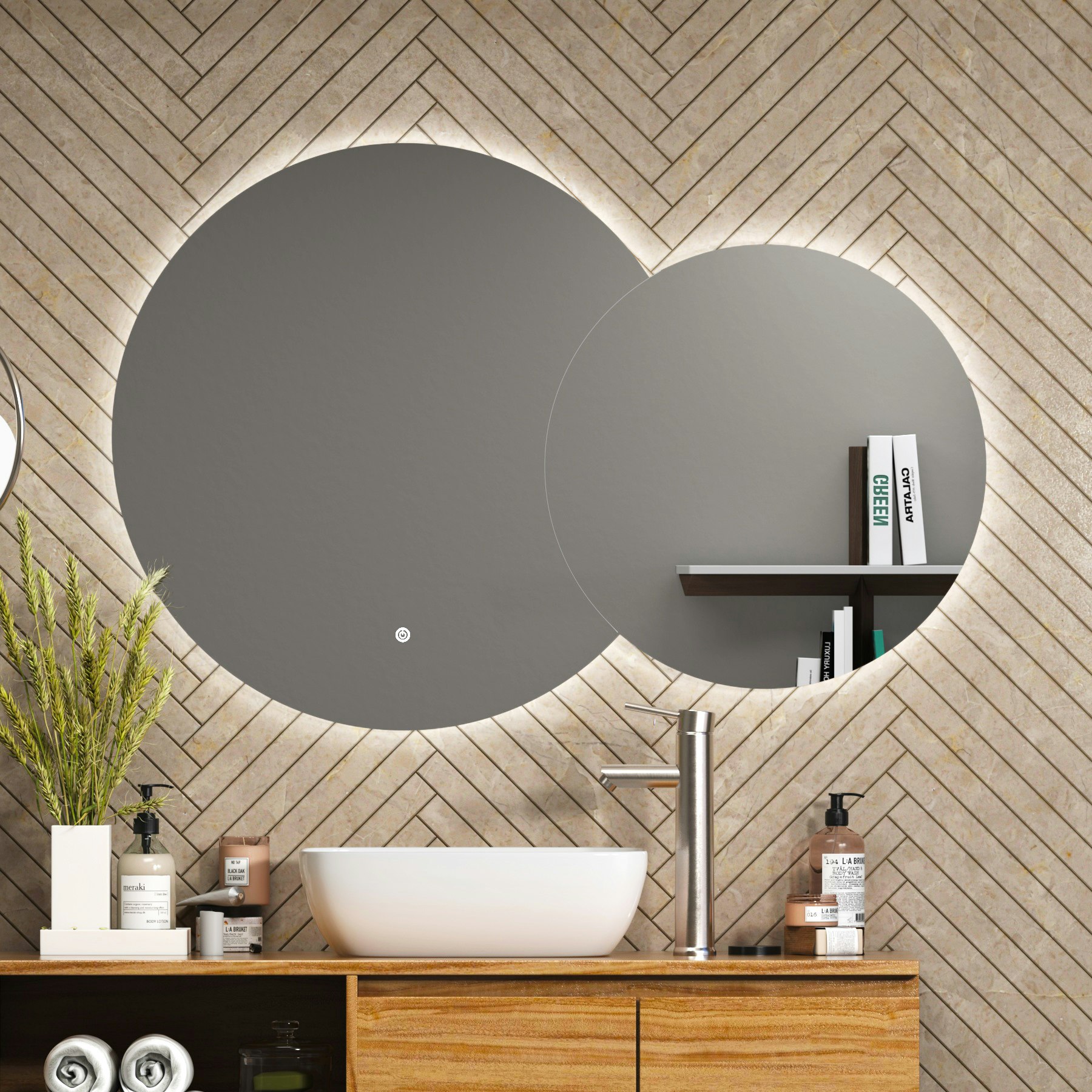 Enso 800 x 600mm Round LED Illuminated Bathroom Twin Mirror - Anti-Fog