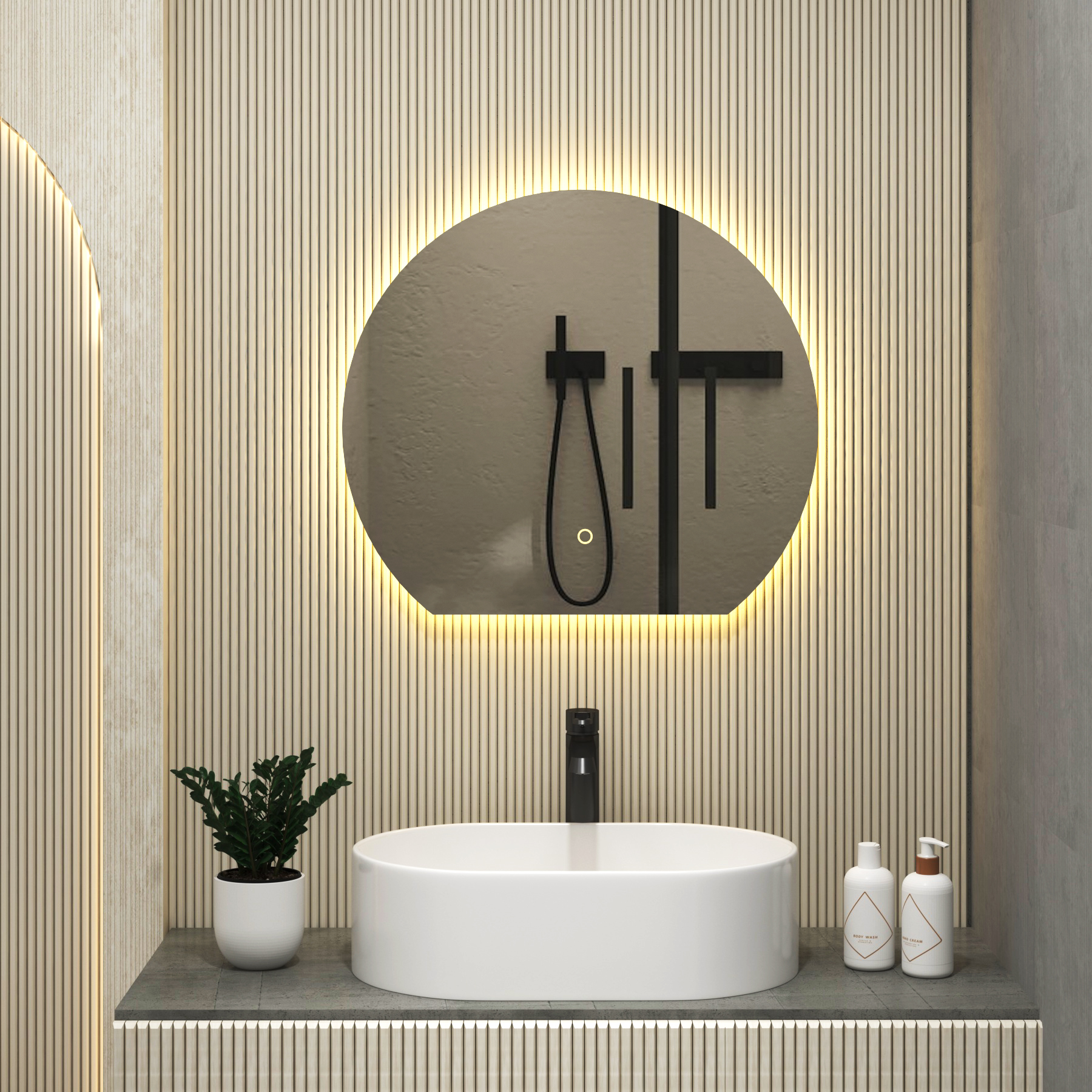 Enso 600 x 600mm Backlit LED Illuminated Frameless Round Undercut Mirror with Demister Pad & Touch Sensor