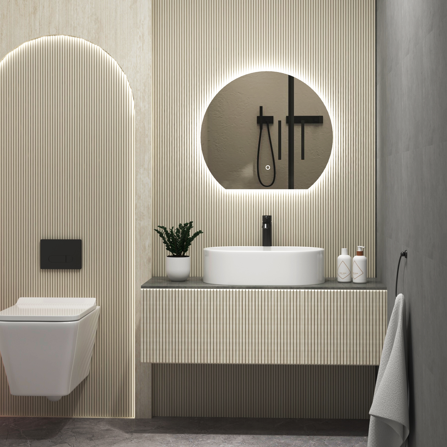 Enso 600 x 600mm Backlit LED Illuminated Frameless Round Undercut Mirror with Demister Pad & Touch Sensor