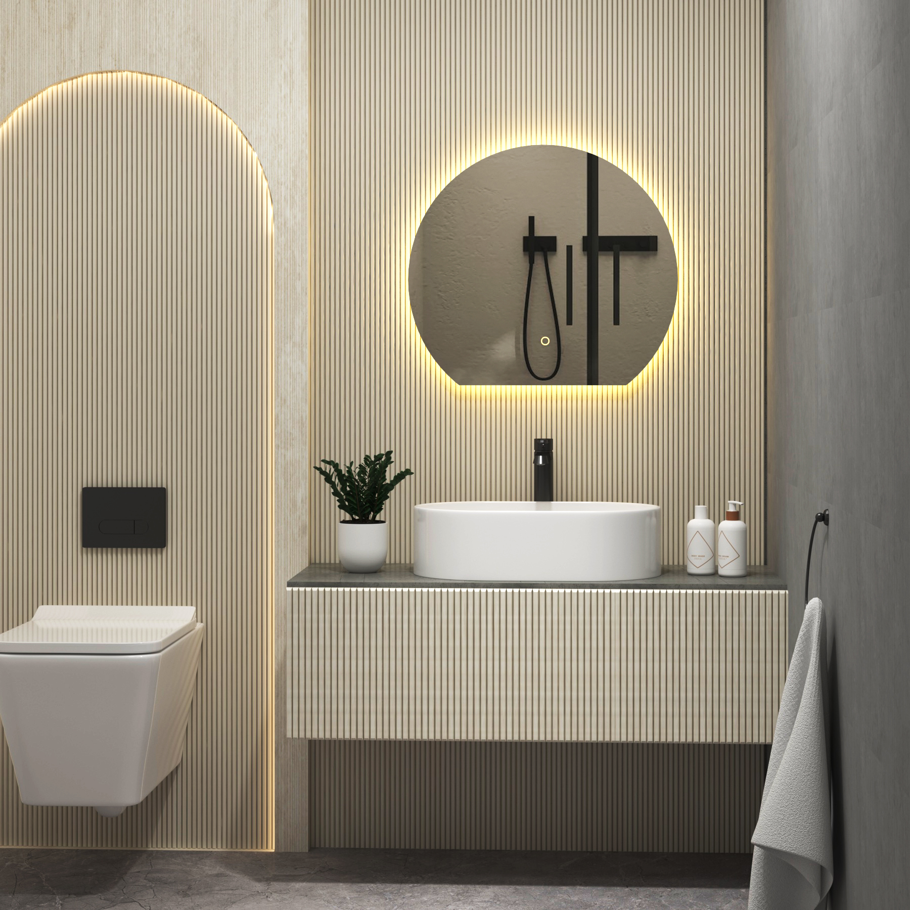 Enso 600 x 600mm Backlit LED Illuminated Frameless Round Undercut Mirror with Demister Pad & Touch Sensor