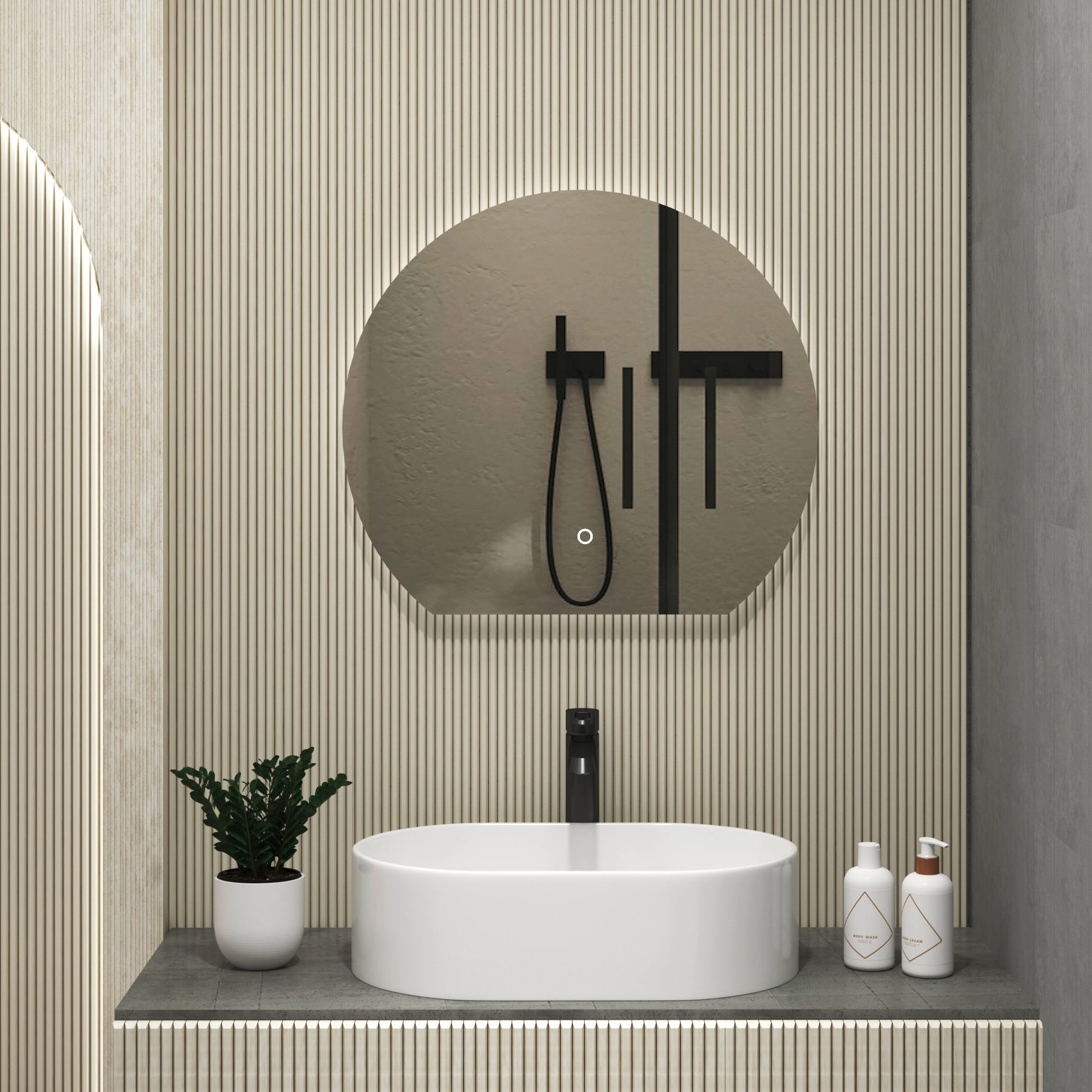 Enso 600 x 600mm Backlit LED Illuminated Frameless Round Undercut Mirror with Demister Pad & Touch Sensor