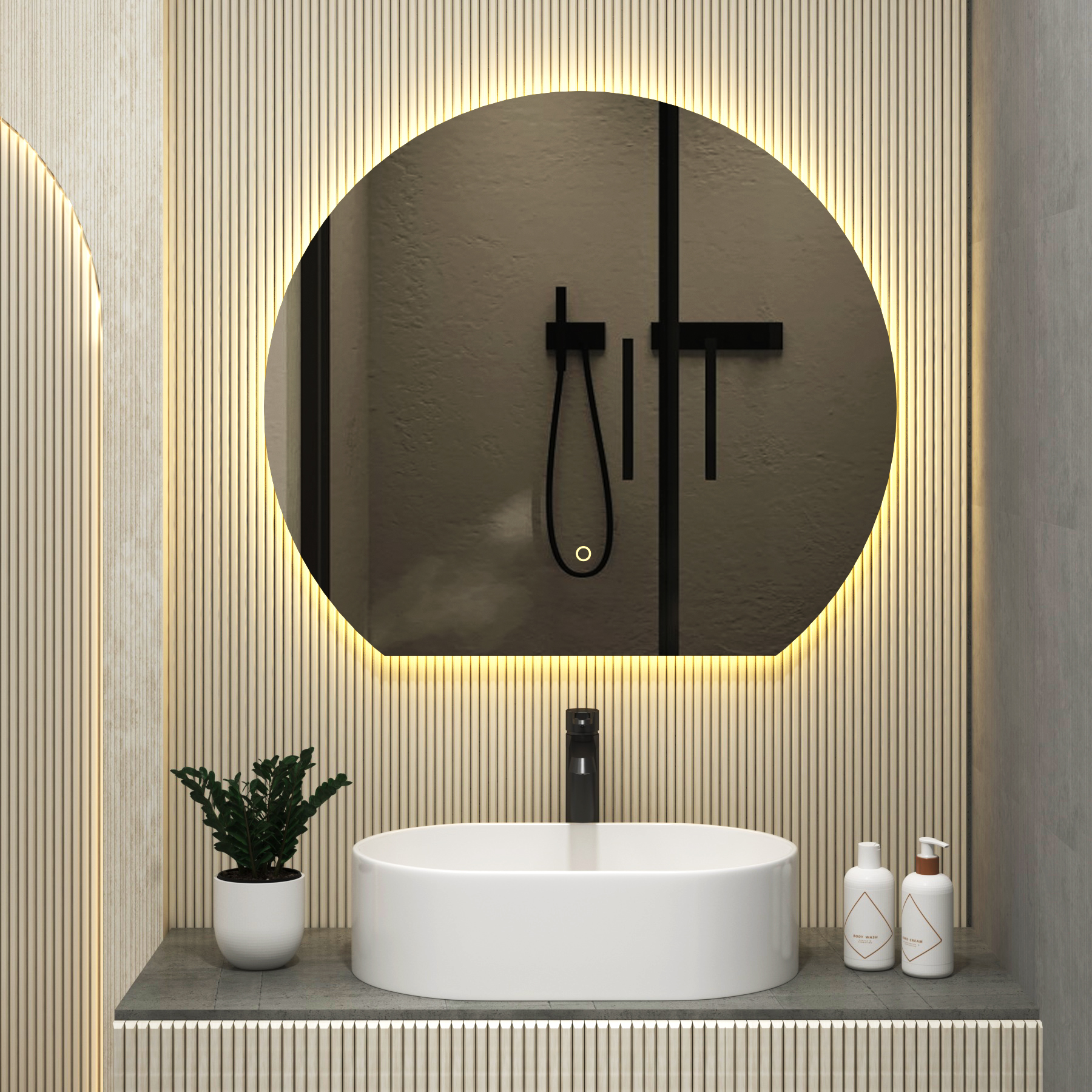 Enso 800 x 800mm Backlit LED Illuminated Frameless Round Undercut Mirror with Demister Pad & Touch Sensor