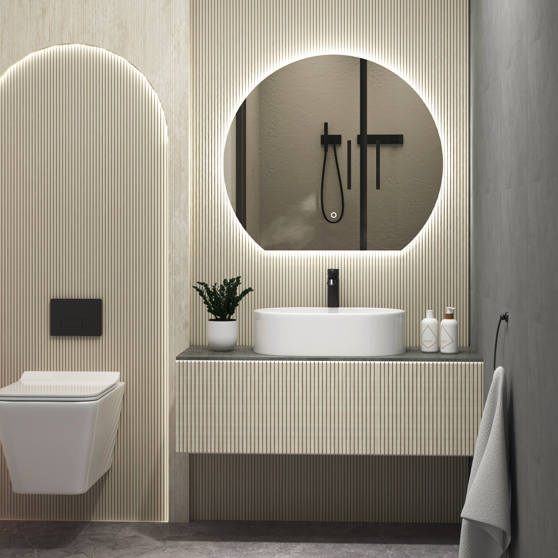 Enso 800 x 800mm Backlit LED Illuminated Frameless Round Undercut Mirror with Demister Pad & Touch Sensor