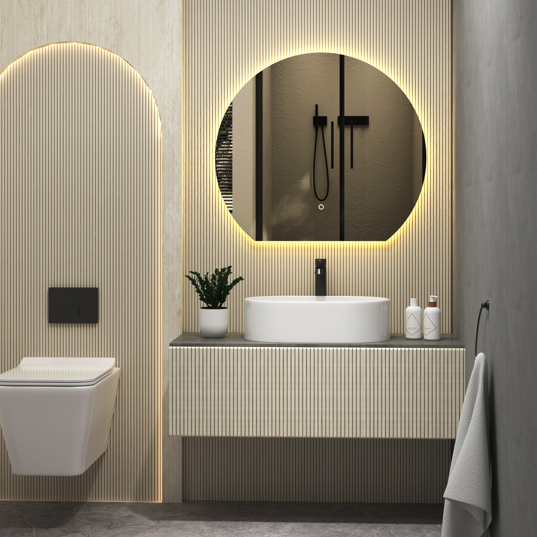 Enso 800 x 800mm Backlit LED Illuminated Frameless Round Undercut Mirror with Demister Pad & Touch Sensor
