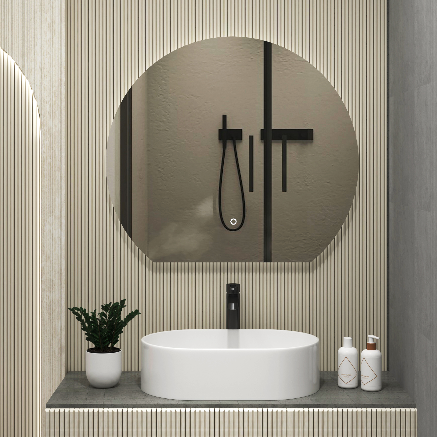Enso 800 x 800mm Backlit LED Illuminated Frameless Round Undercut Mirror with Demister Pad & Touch Sensor