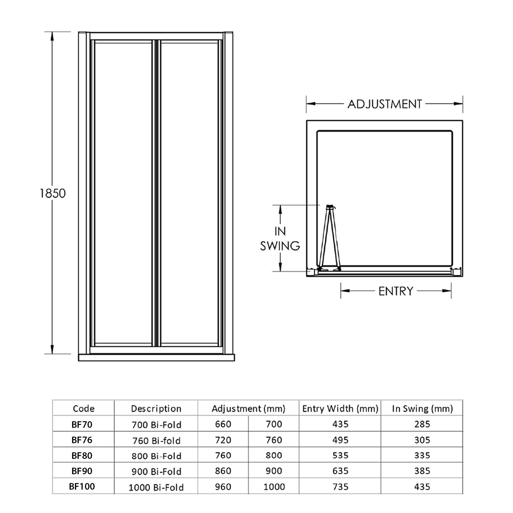 Elite Bifold Shower Door 4mm Glass 1850mm Height Various Sizes