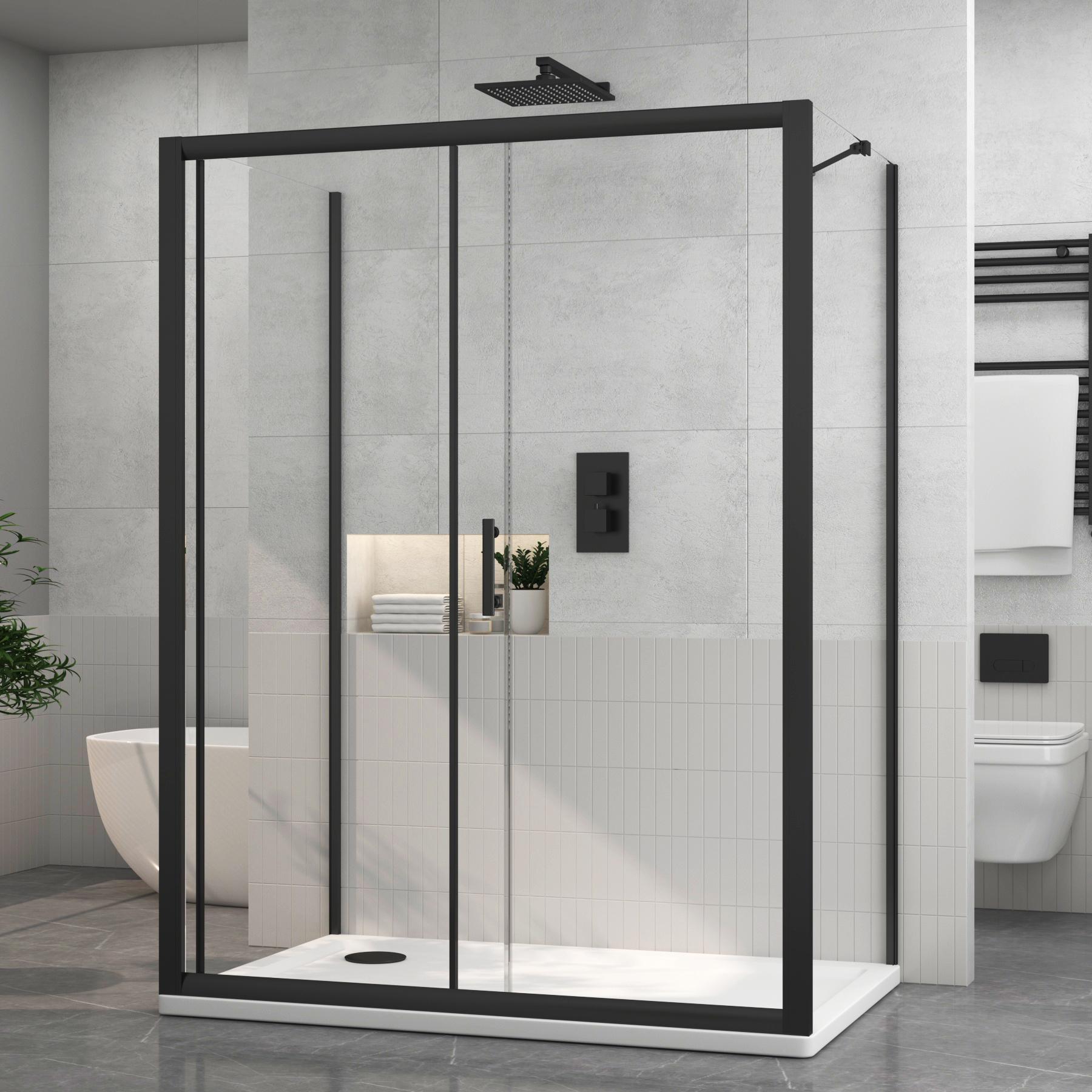 Milan 1000 x 800mm Matt Black Rectangle Sliding Door 3-Sided Shower Enclosure 6mm Glass