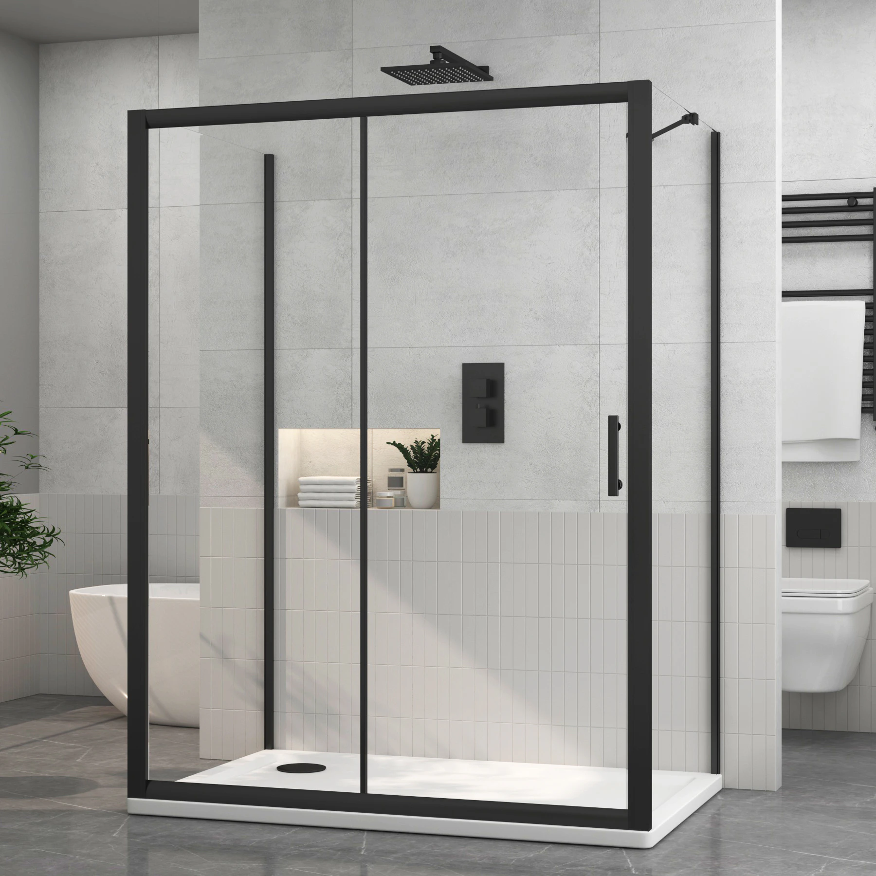 Milan Matt Black Rectangle Sliding Door 3-Sided Shower Enclosure 6mm ...