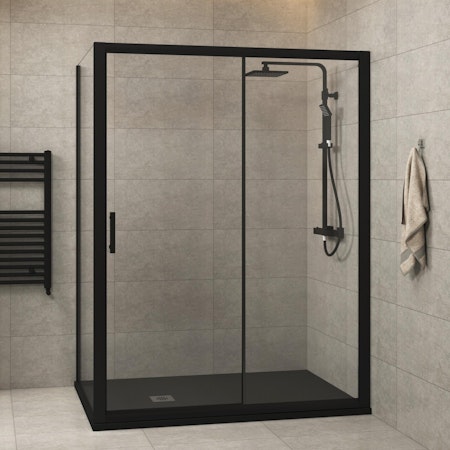 Milan 1400 x 800mm Sliding Door Rectangle Shower Enclosure 6mm - Matt Black