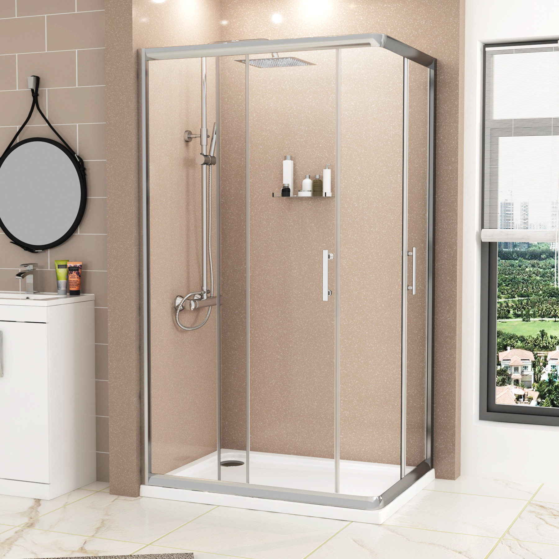 Plaza Rectangular Corner Entry Shower Enclosure with Pearlstone